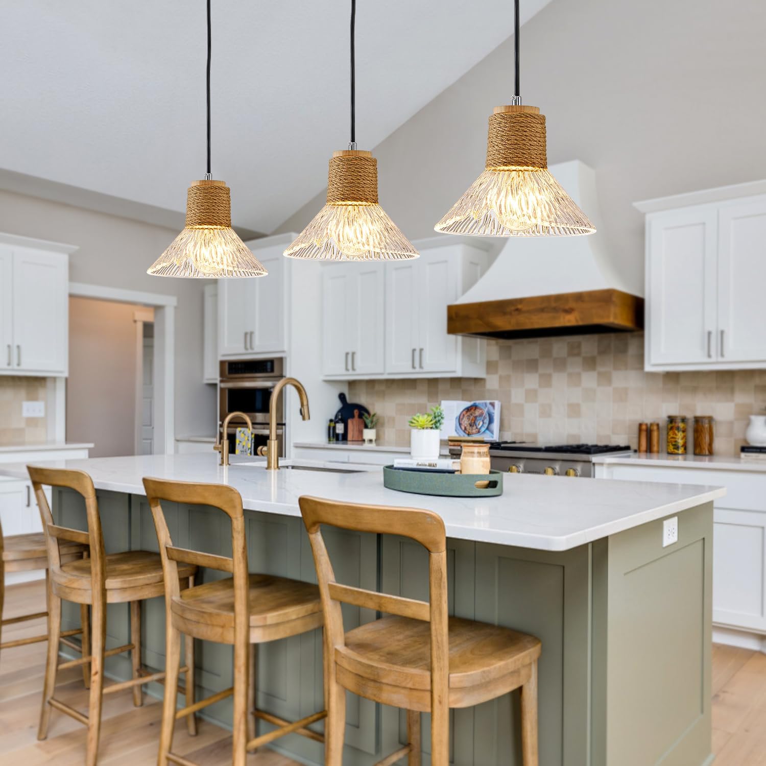 Rustic Farmhouse Clear Ribbed Glass Pendant Light with Solid Wood Canopy, Hemp Rope Detail and Adjustable Cord