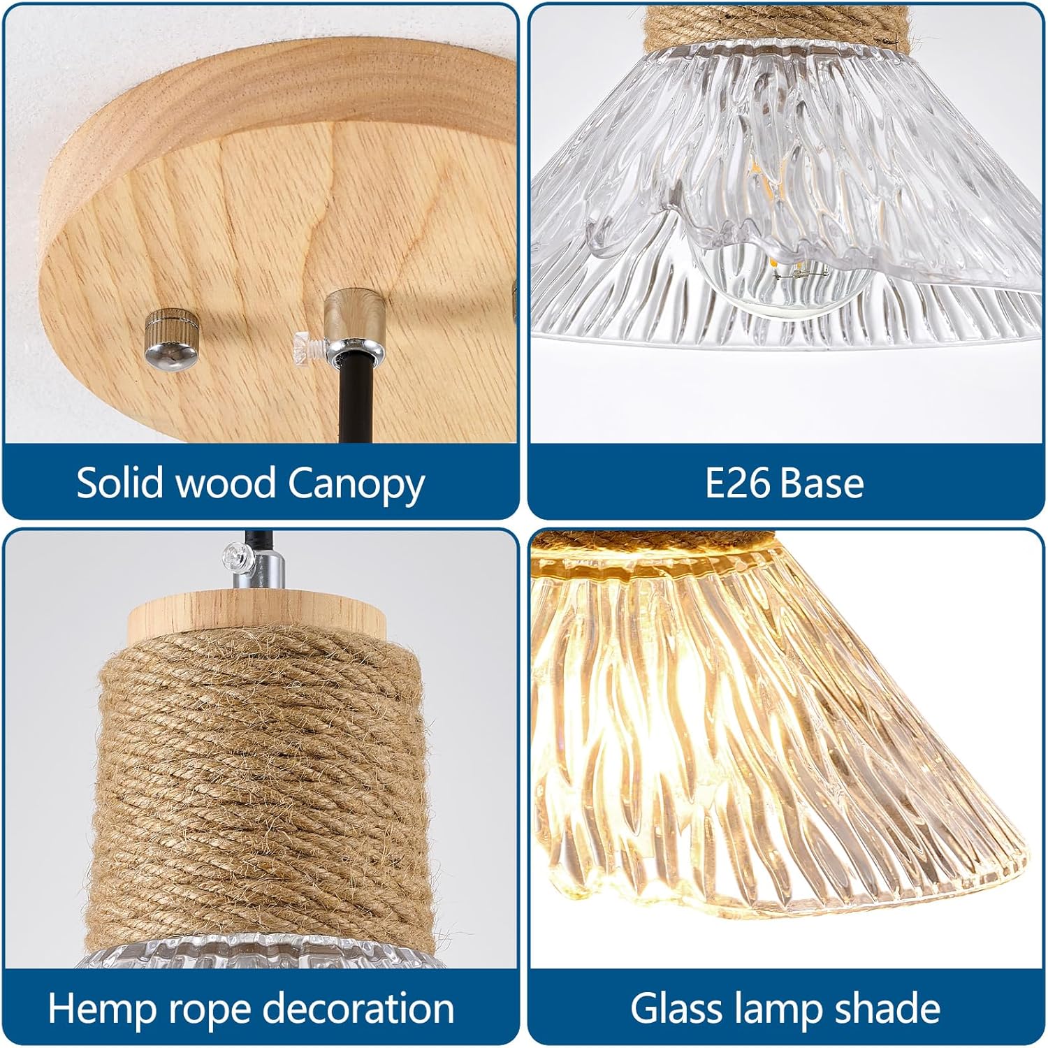 Rustic Farmhouse Clear Ribbed Glass Pendant Light with Solid Wood Canopy, Hemp Rope Detail and Adjustable Cord