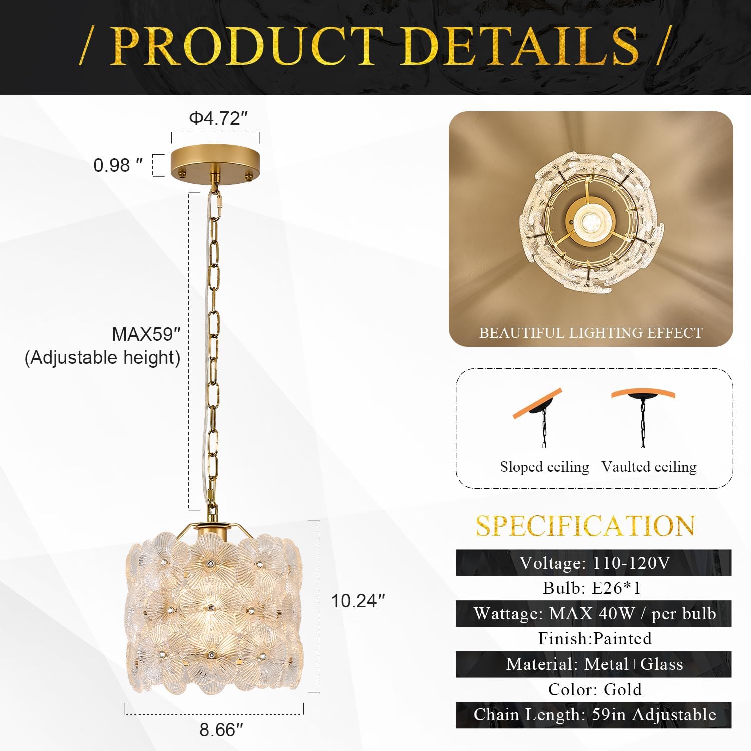 Small Modern Gold Crystal Pendant Light - Floral Design E26 Hanging Lamp with Adjustable Height