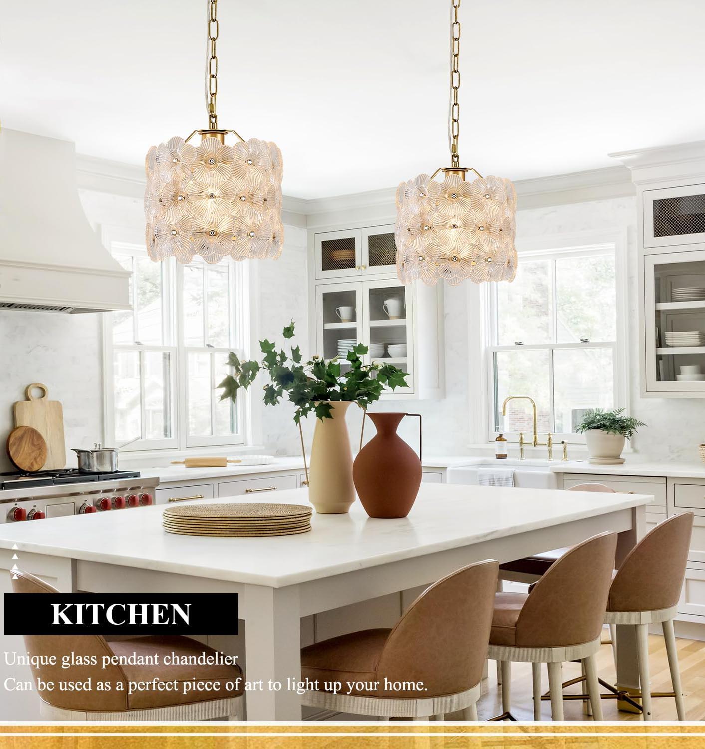 Small Modern Gold Crystal Pendant Light - Floral Design E26 Hanging Lamp with Adjustable Height