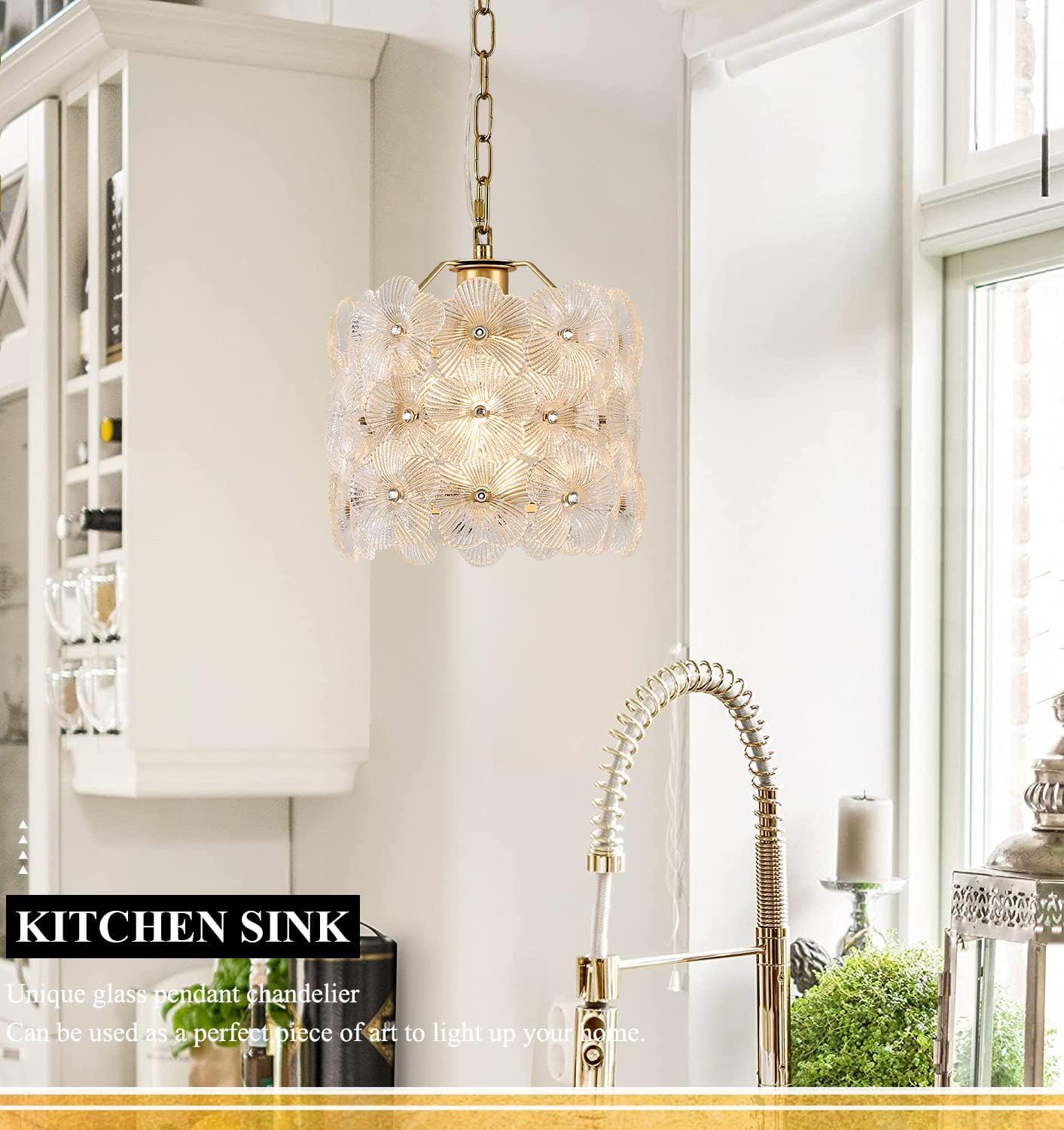 Small Modern Gold Crystal Pendant Light - Floral Design E26 Hanging Lamp with Adjustable Height
