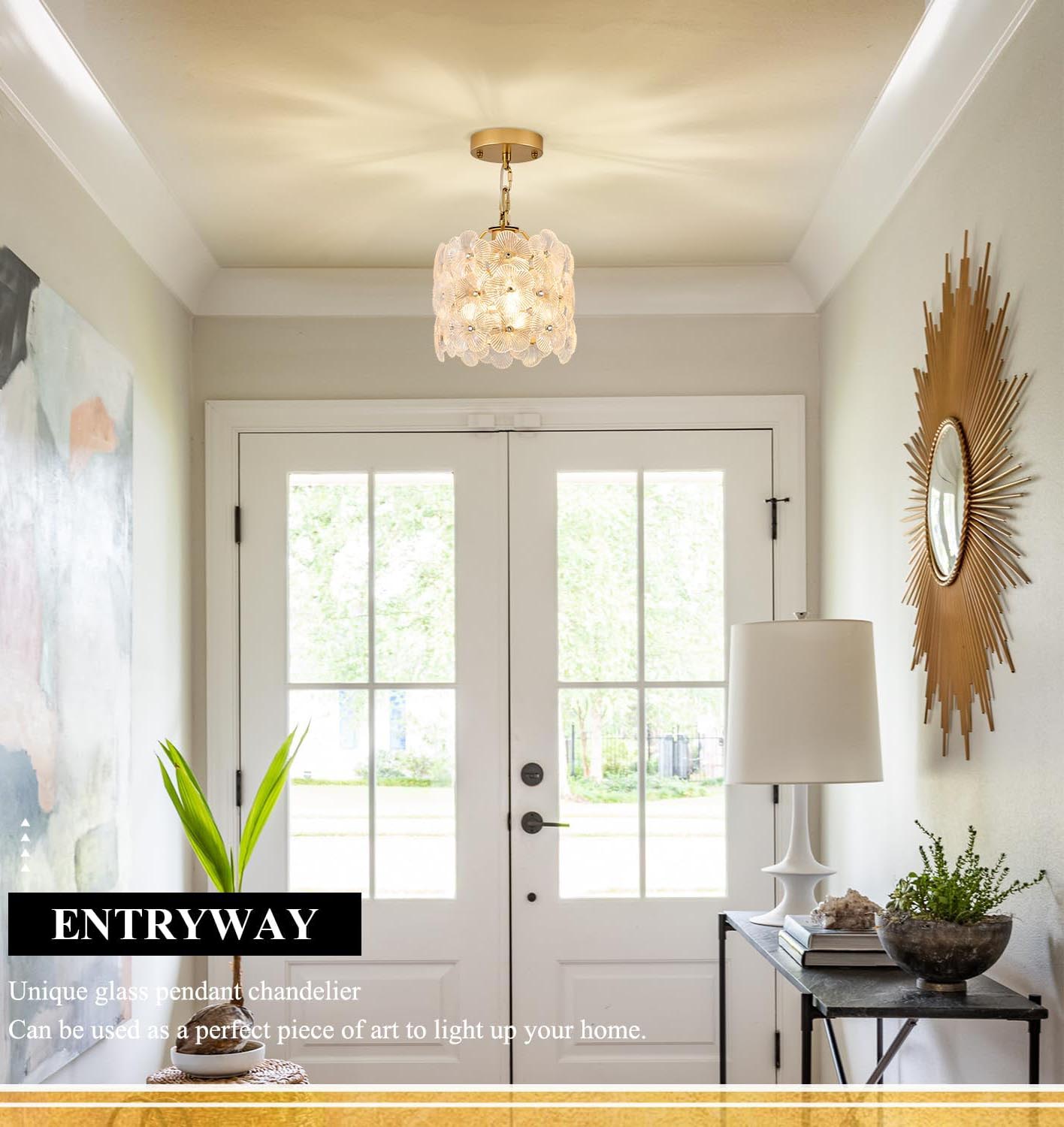 Small Modern Gold Crystal Pendant Light - Floral Design E26 Hanging Lamp with Adjustable Height