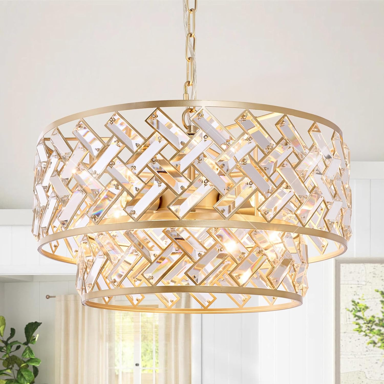 Modern Gold Crystal Drum Chandelier with Dual Mount for Ceiling