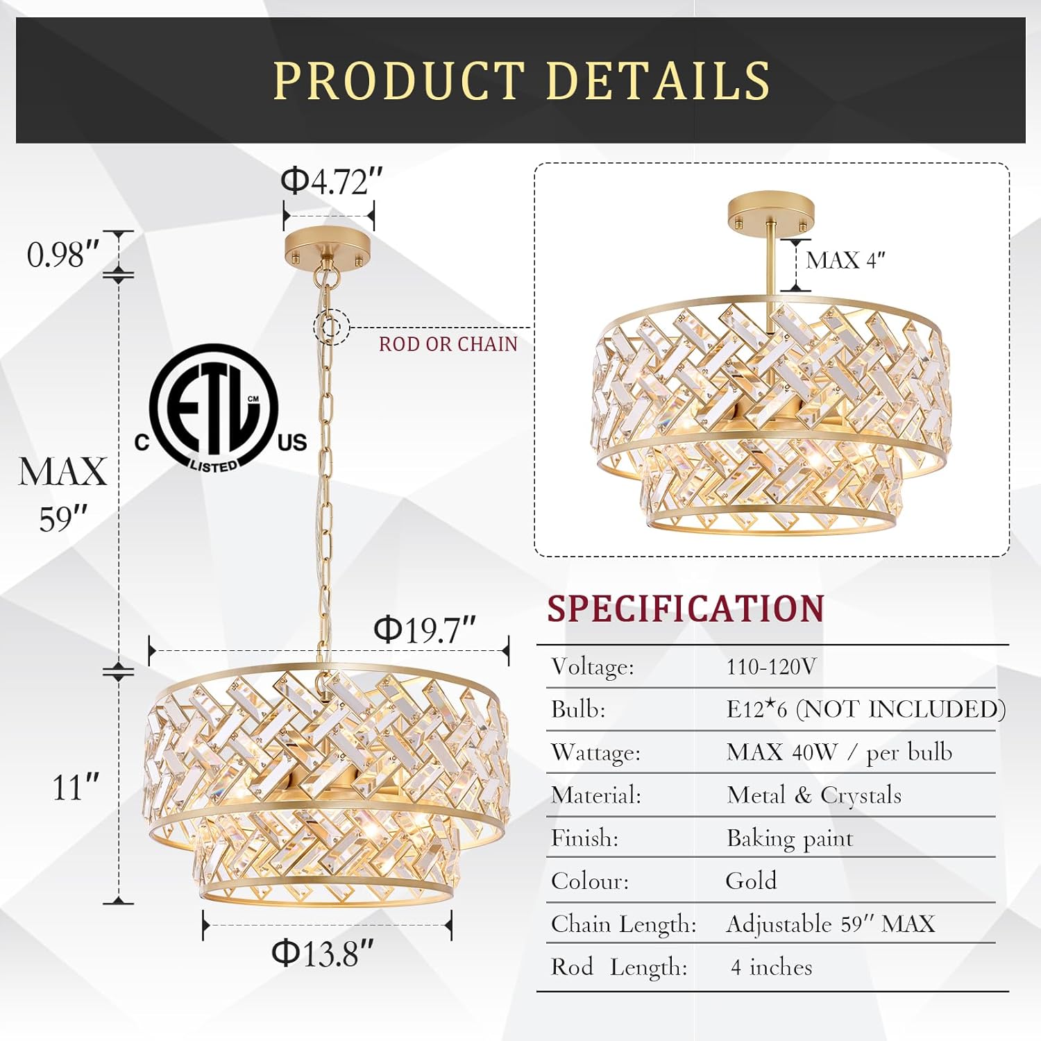 Modern Gold Crystal Drum Chandelier with Dual Mount for Ceiling