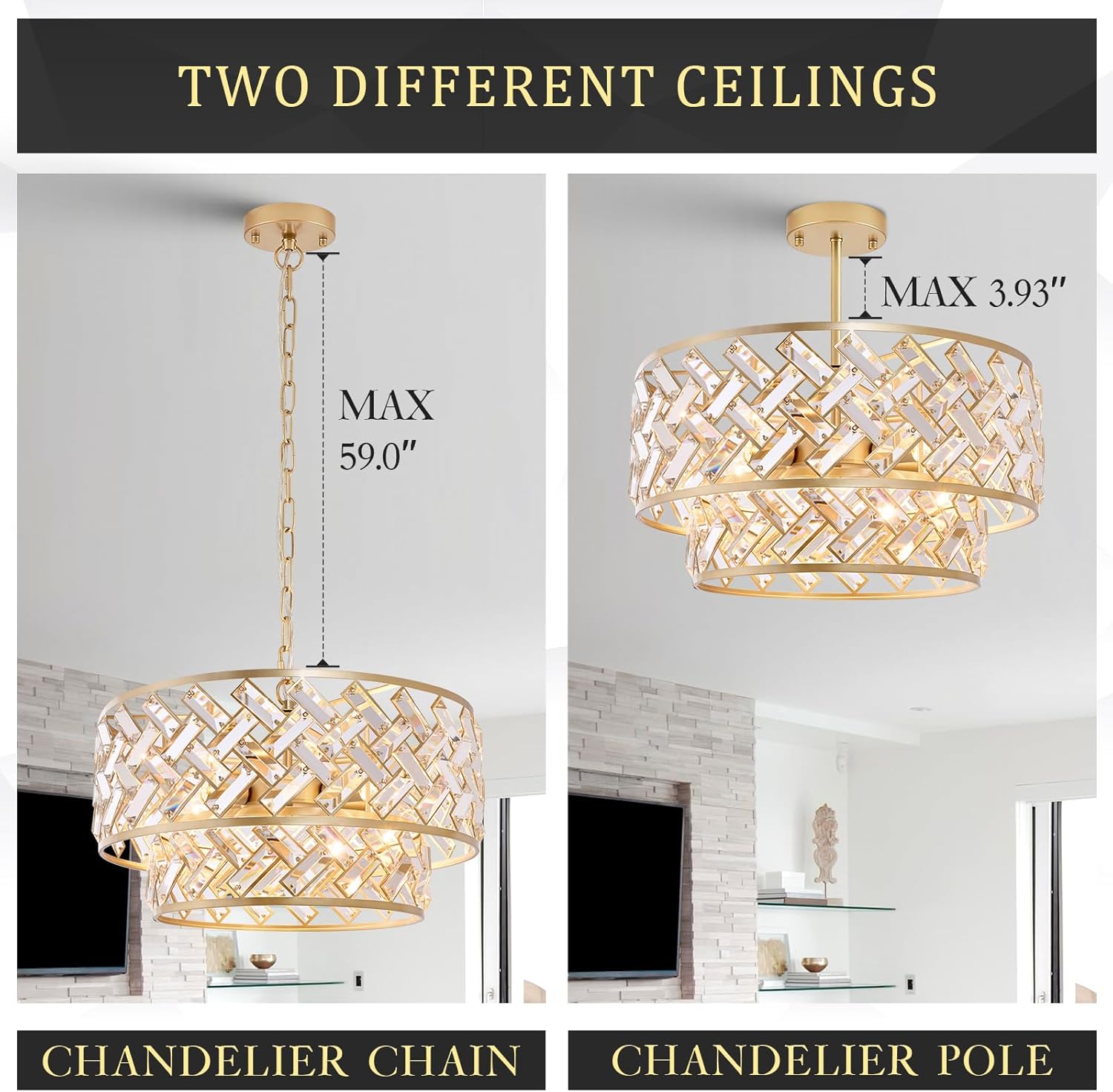 Modern Gold Crystal Drum Chandelier with Dual Mount for Ceiling