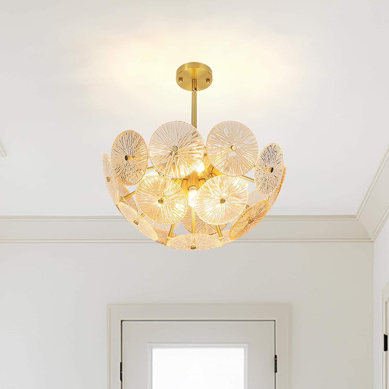 Modern Gold Chandelier 8-Light E12 Ceiling Pendant with Textured Glass Discs