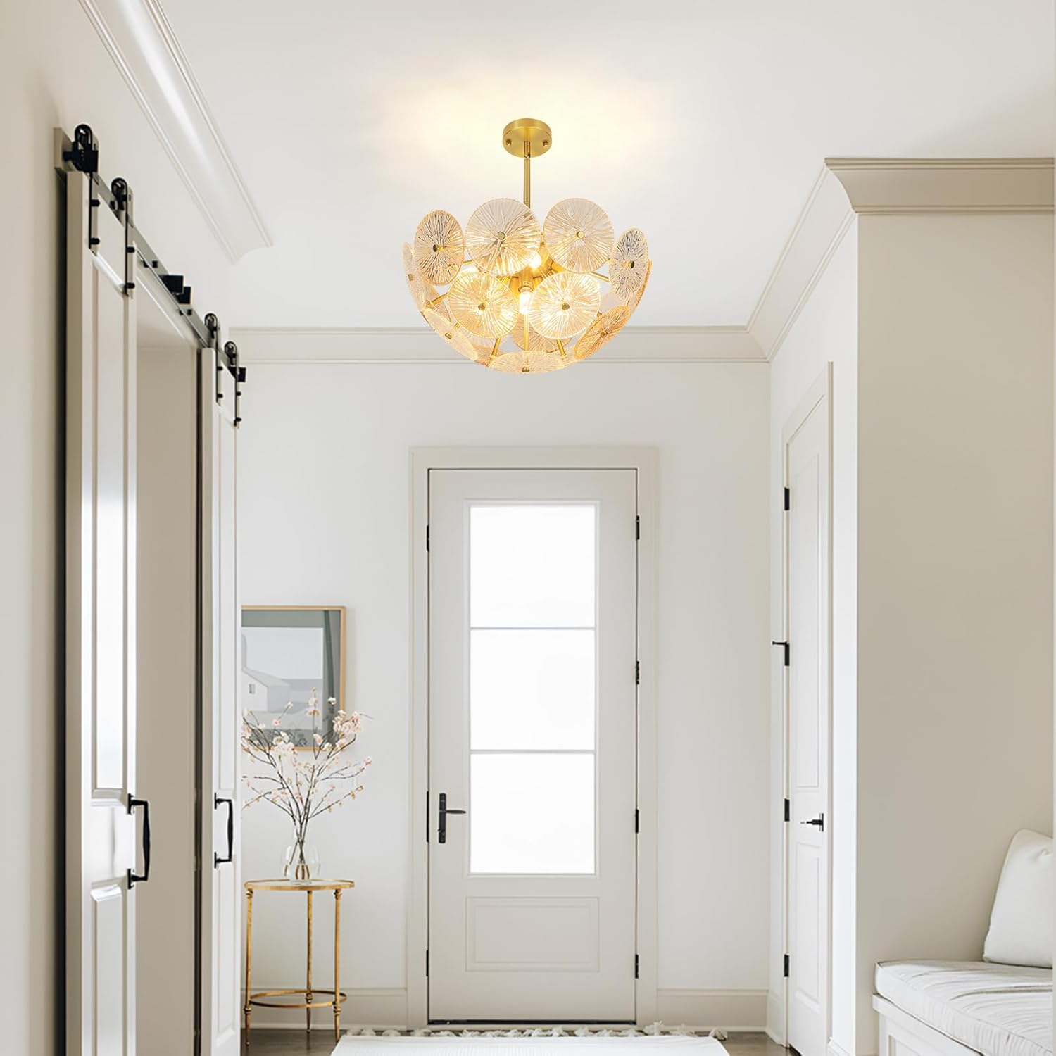 Modern Gold Chandelier 8-Light E12 Ceiling Pendant with Textured Glass Discs