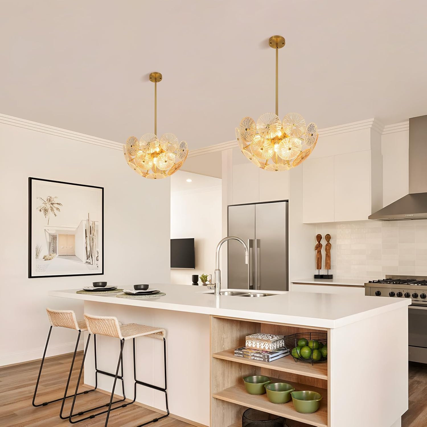Modern Gold Chandelier 8-Light E12 Ceiling Pendant with Textured Glass Discs