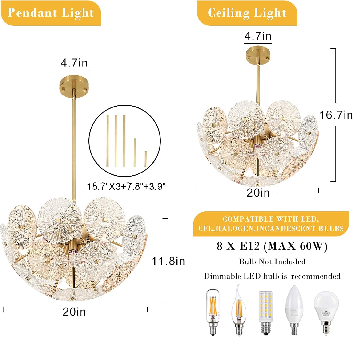 Modern Gold Chandelier 8-Light E12 Ceiling Pendant with Textured Glass Discs