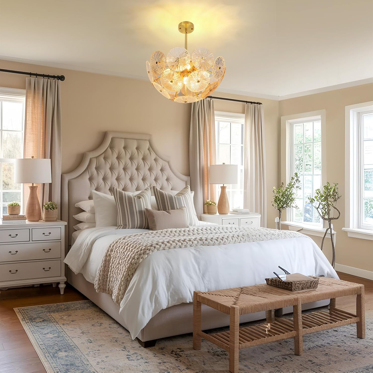 Modern Gold Chandelier 8-Light E12 Ceiling Pendant with Textured Glass Discs