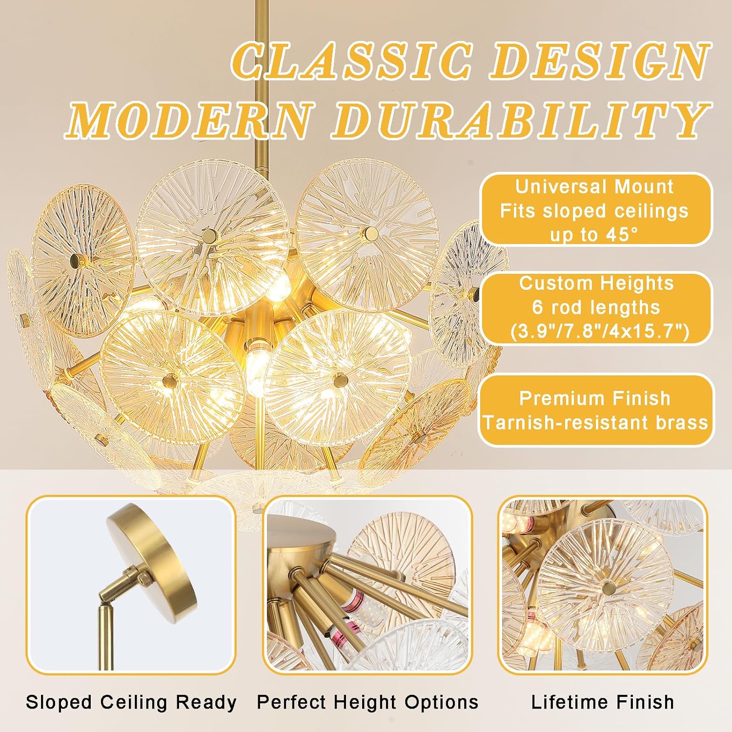 Modern Gold Chandelier 8-Light E12 Ceiling Pendant with Textured Glass Discs