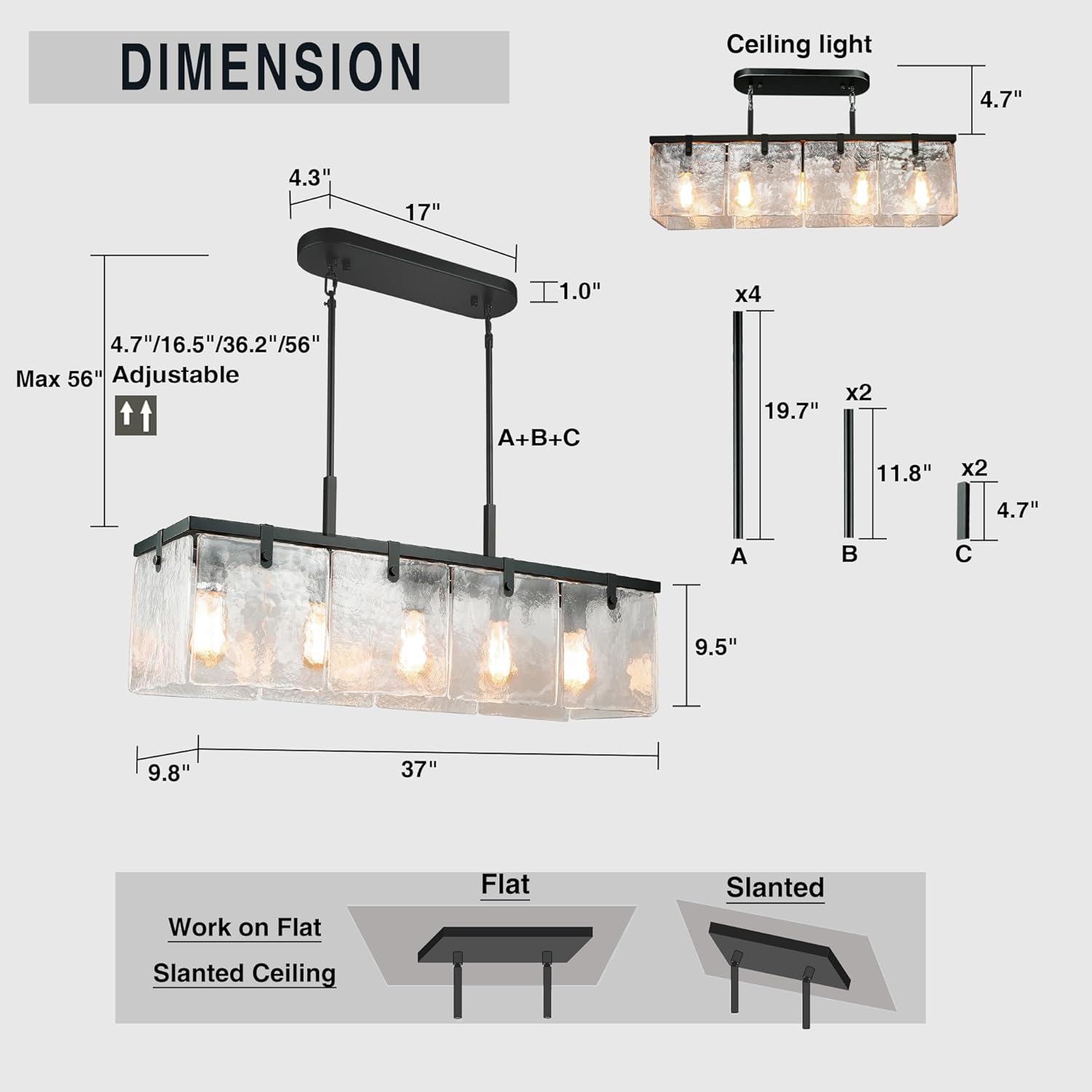 Modern 5-Light Rectangular Pendant Chandelier Textured Glass Dining Table Linear Light