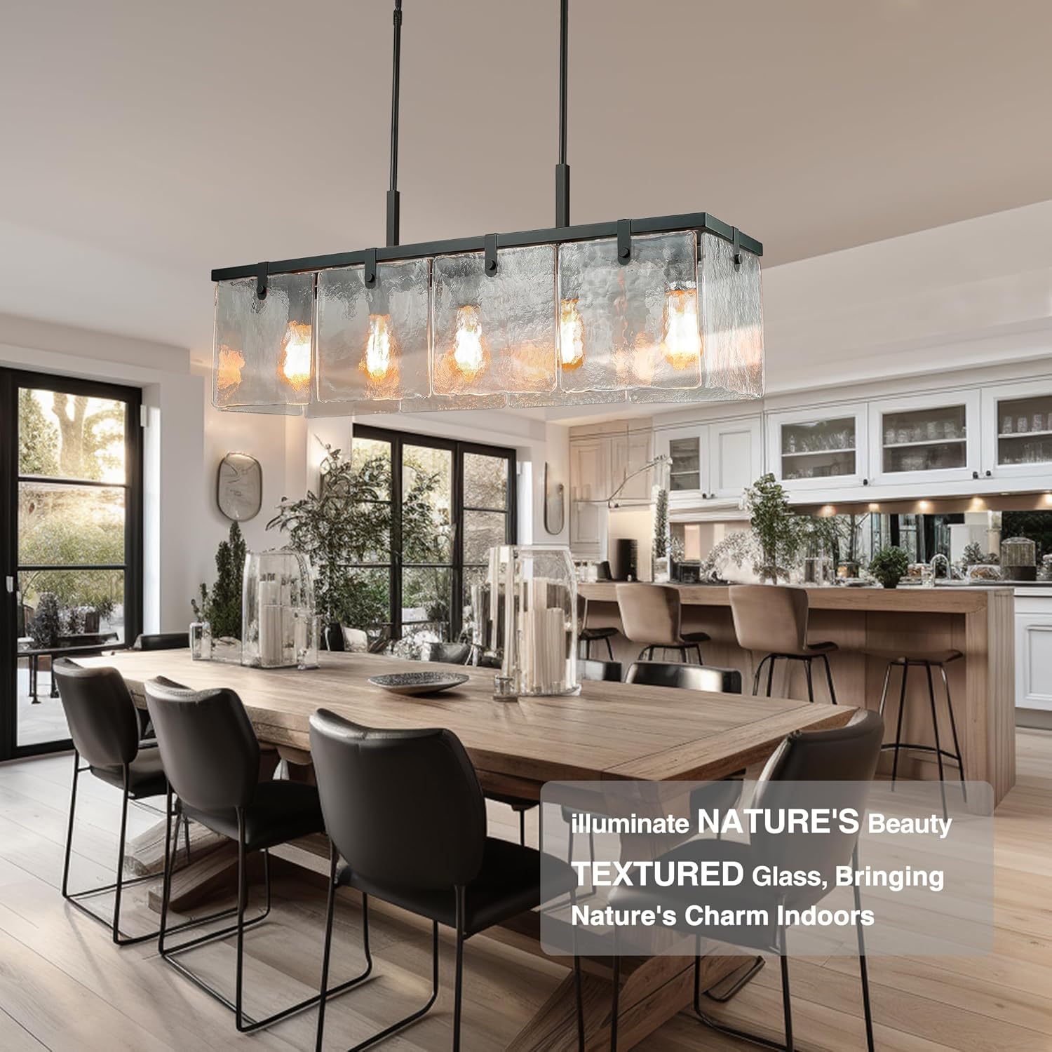 Modern 5-Light Rectangular Pendant Chandelier Textured Glass Dining Table Linear Light