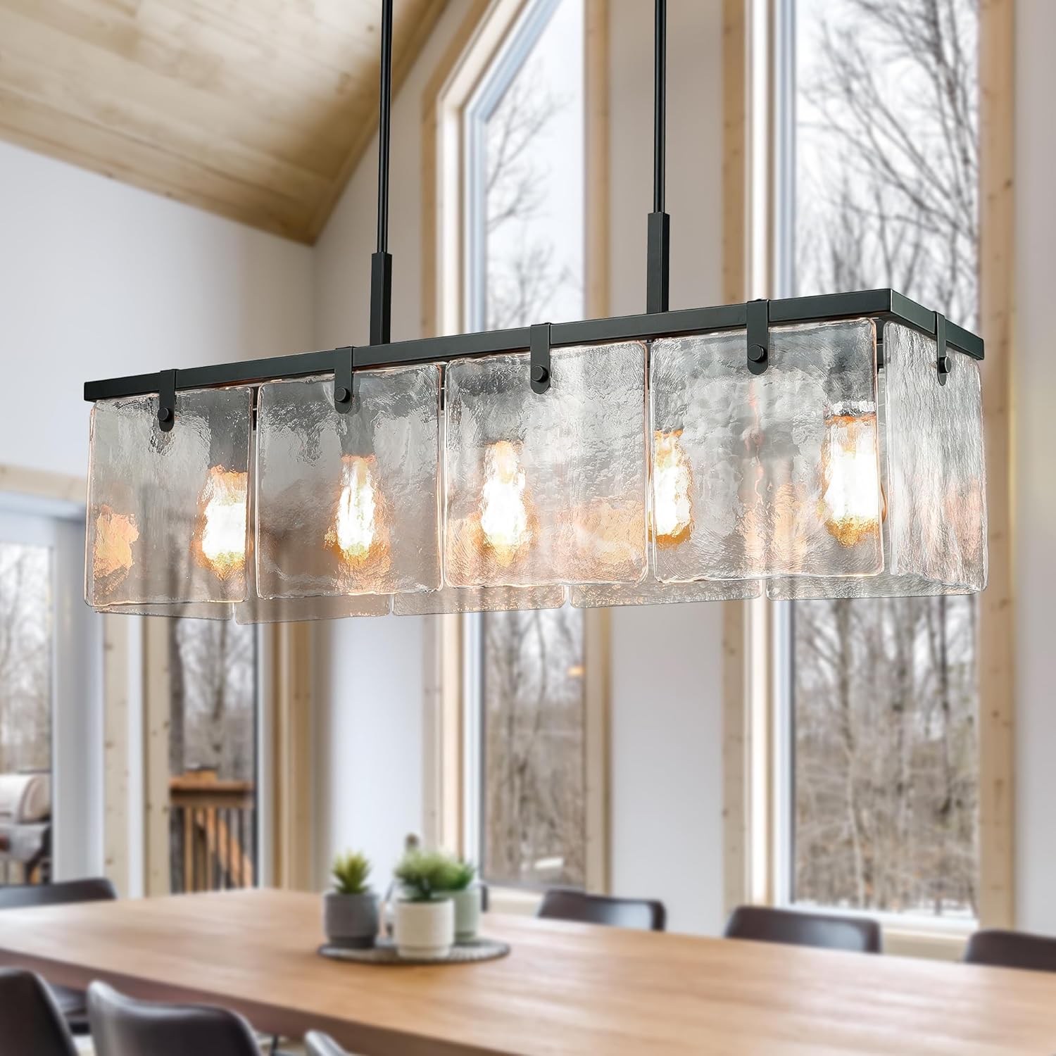 Modern 5-Light Rectangular Pendant Chandelier Textured Glass Dining Table Linear Light