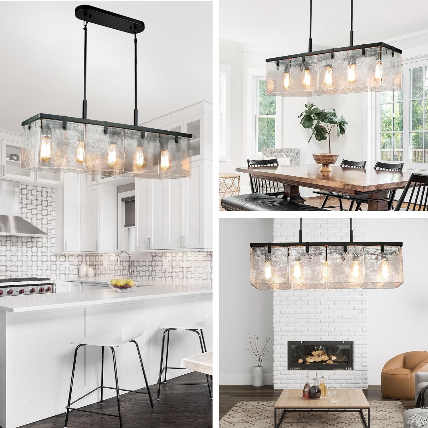 Modern 5-Light Rectangular Pendant Chandelier Textured Glass Dining Table Linear Light