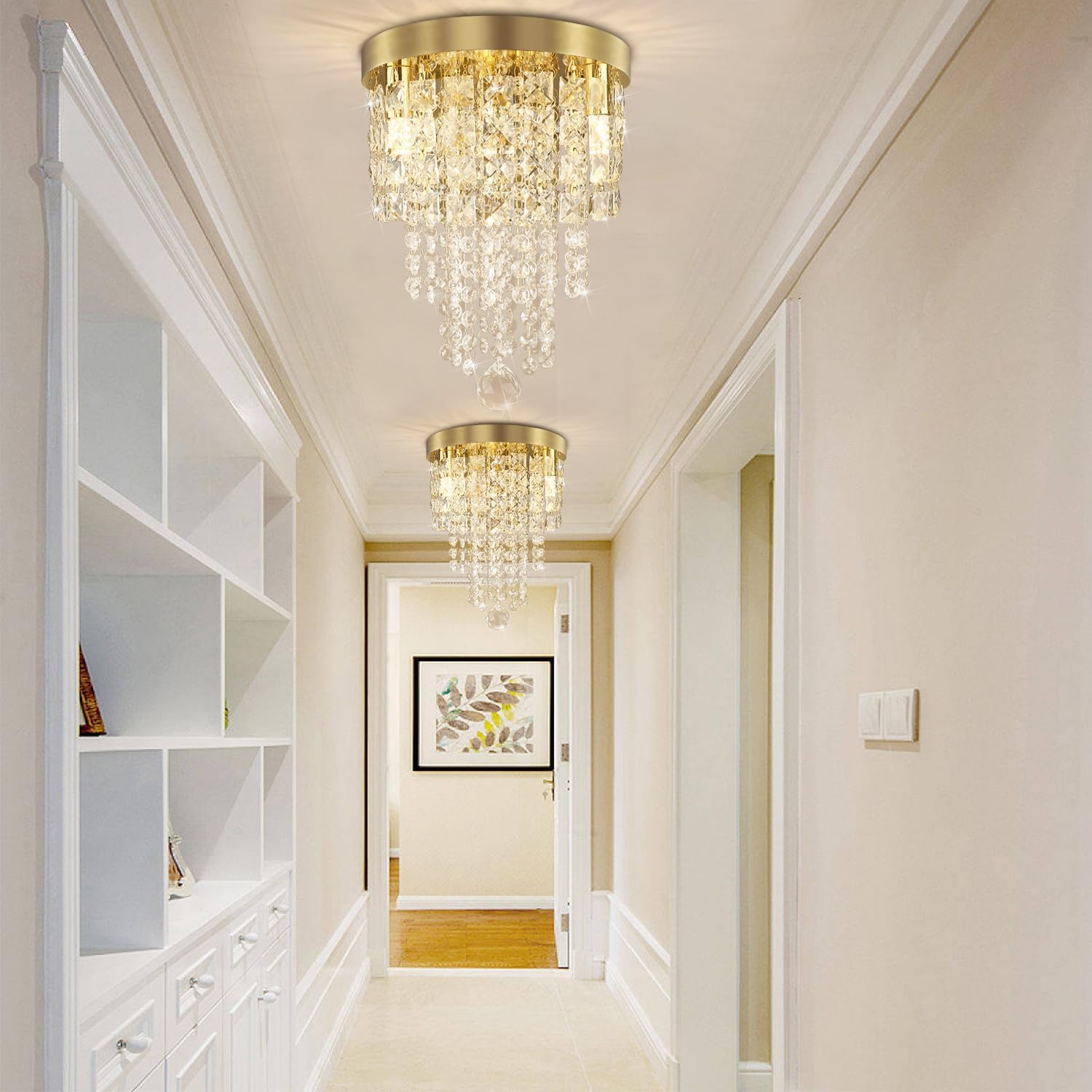 Modern Luxury Gold Crystal Flush Mount Ceiling Light Tiered Chandelier G9 Dimmable