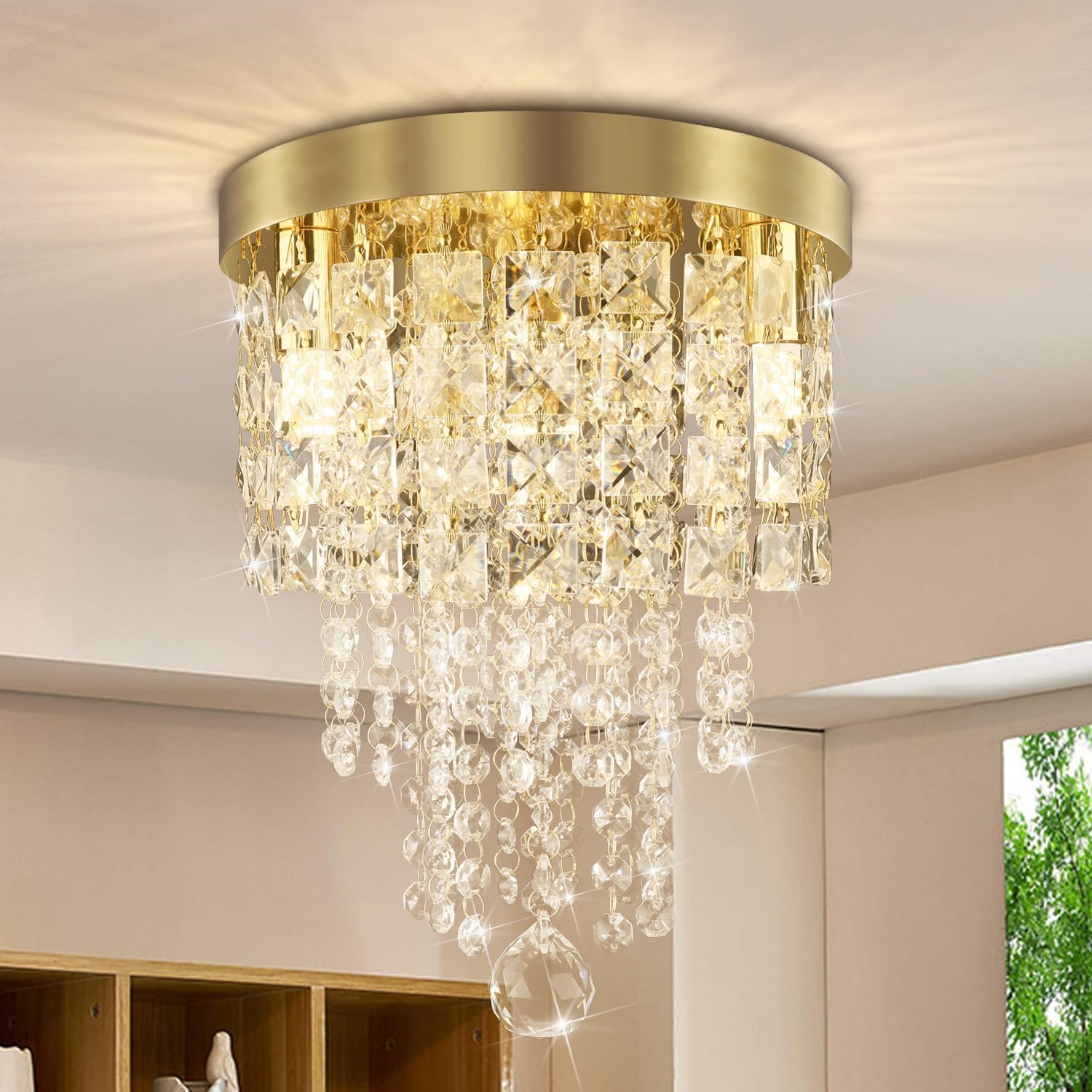 Modern Luxury Gold Crystal Flush Mount Ceiling Light Tiered Chandelier G9 Dimmable