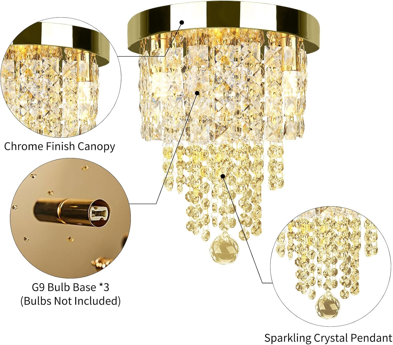 Modern Luxury Gold Crystal Flush Mount Ceiling Light Tiered Chandelier G9 Dimmable