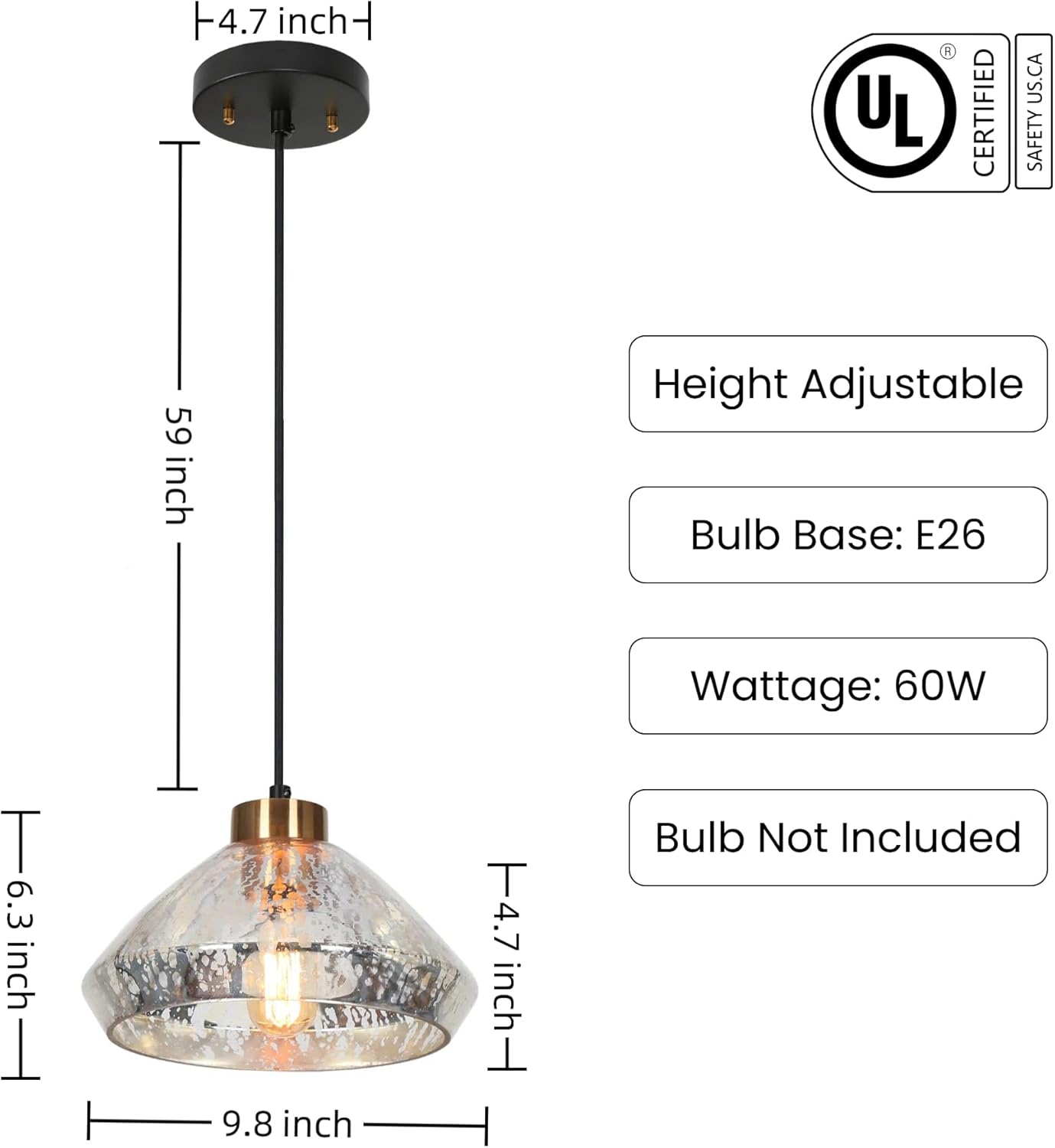 Modern Gold Seeded Glass Pendant Light Adjustable Hanging Kitchen Island Lamp E26