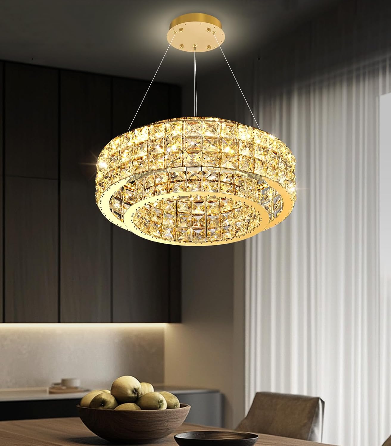 Modern Gold Crystal LED Chandelier Round Dimmable Pendant Light Adjustable Height Luxury Ceiling Lamp