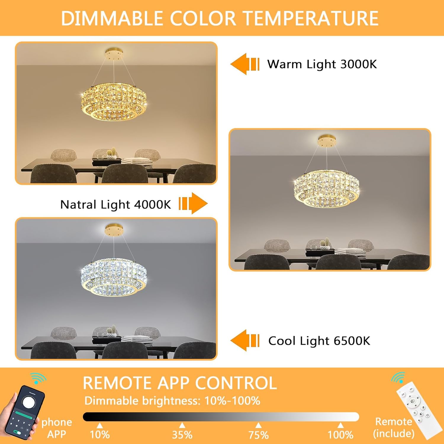 Modern Gold Crystal LED Chandelier Round Dimmable Pendant Light Adjustable Height Luxury Ceiling Lamp