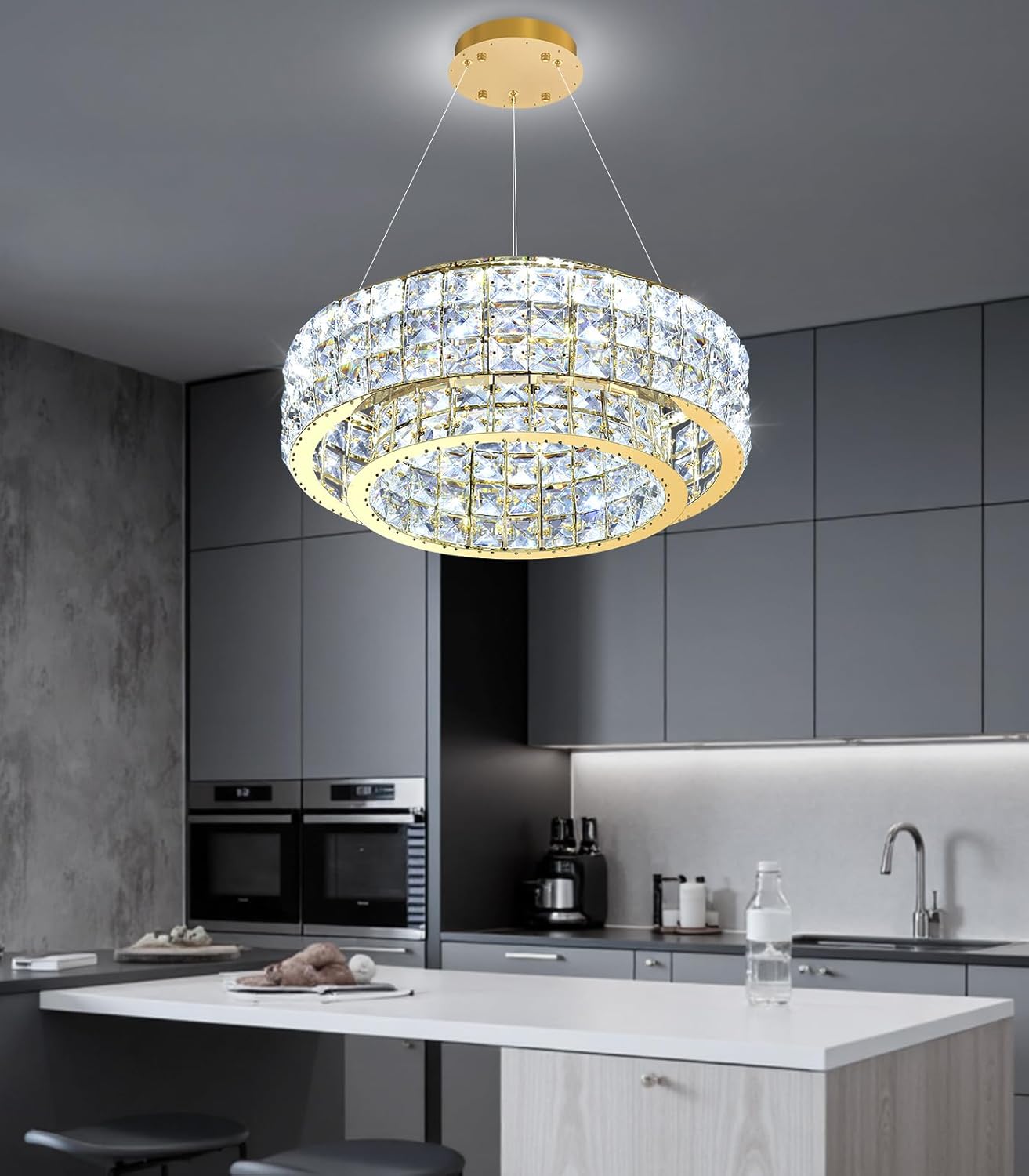 Modern Gold Crystal LED Chandelier Round Dimmable Pendant Light Adjustable Height Luxury Ceiling Lamp