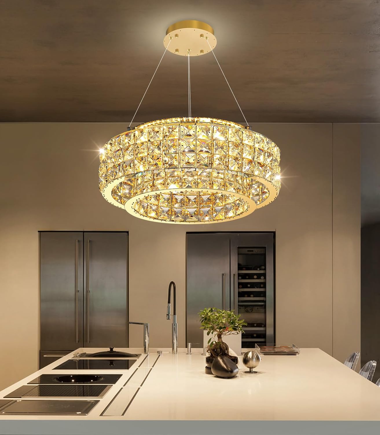 Modern Gold Crystal LED Chandelier Round Dimmable Pendant Light Adjustable Height Luxury Ceiling Lamp