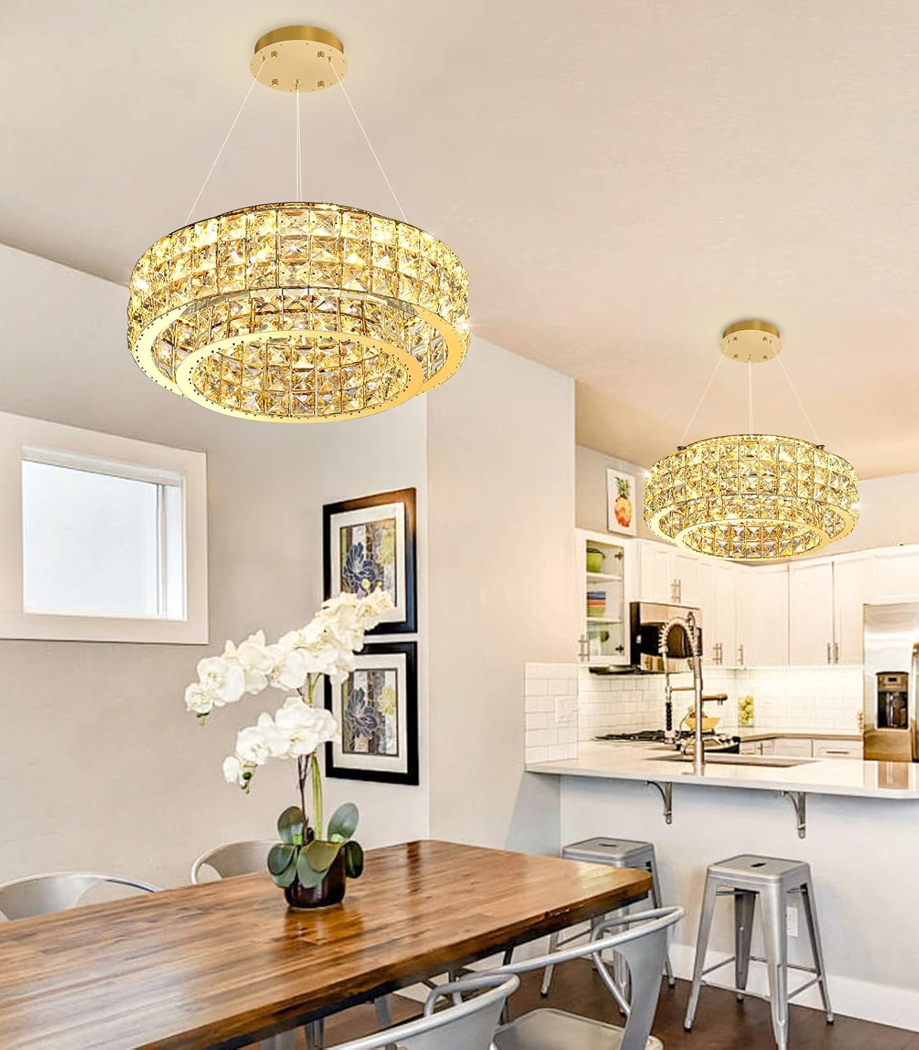 Modern Gold Crystal LED Chandelier Round Dimmable Pendant Light Adjustable Height Luxury Ceiling Lamp