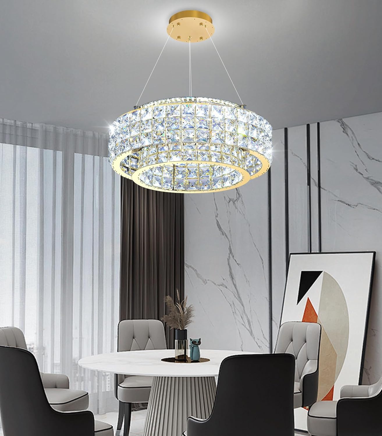 Modern Gold Crystal LED Chandelier Round Dimmable Pendant Light Adjustable Height Luxury Ceiling Lamp