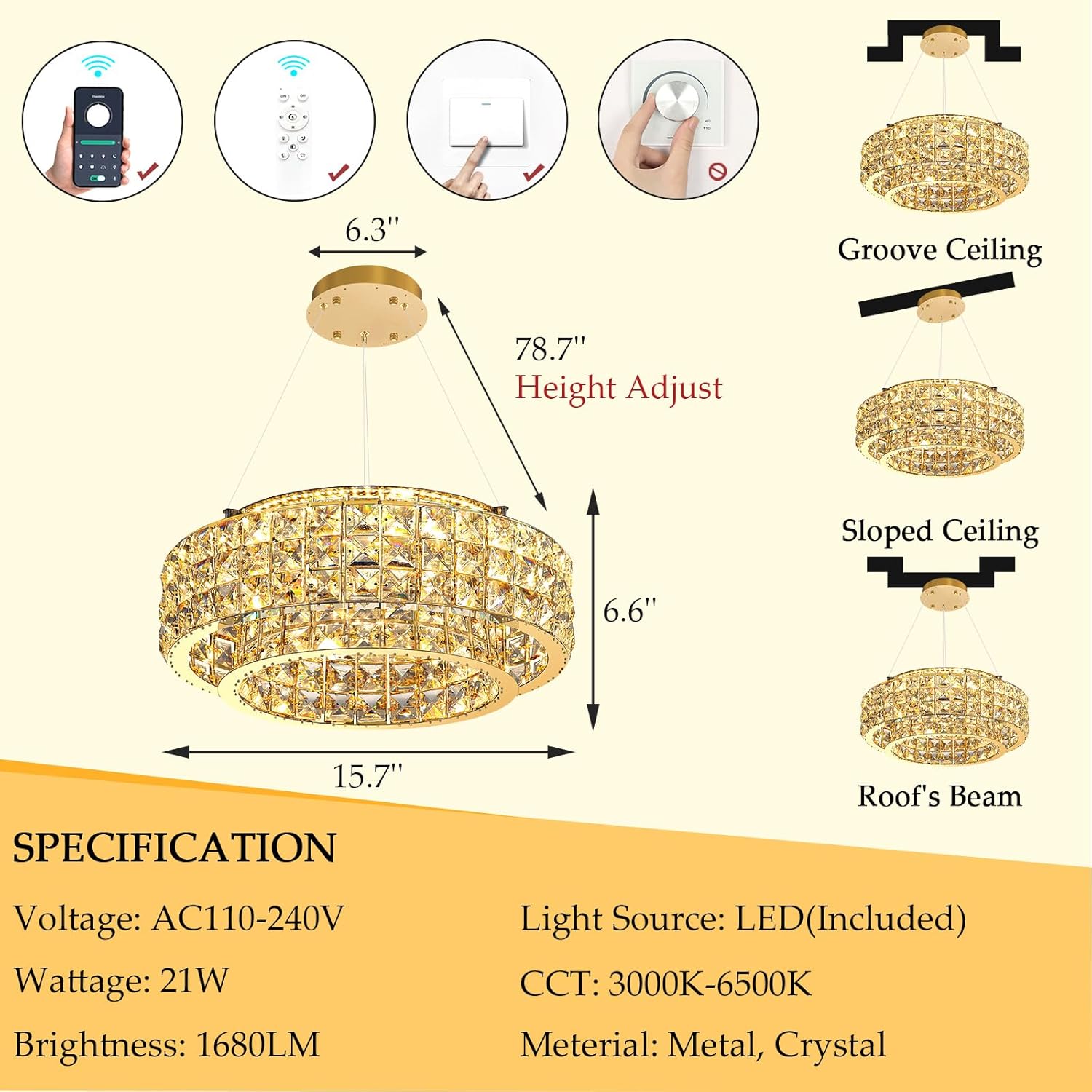 Modern Gold Crystal LED Chandelier Round Dimmable Pendant Light Adjustable Height Luxury Ceiling Lamp