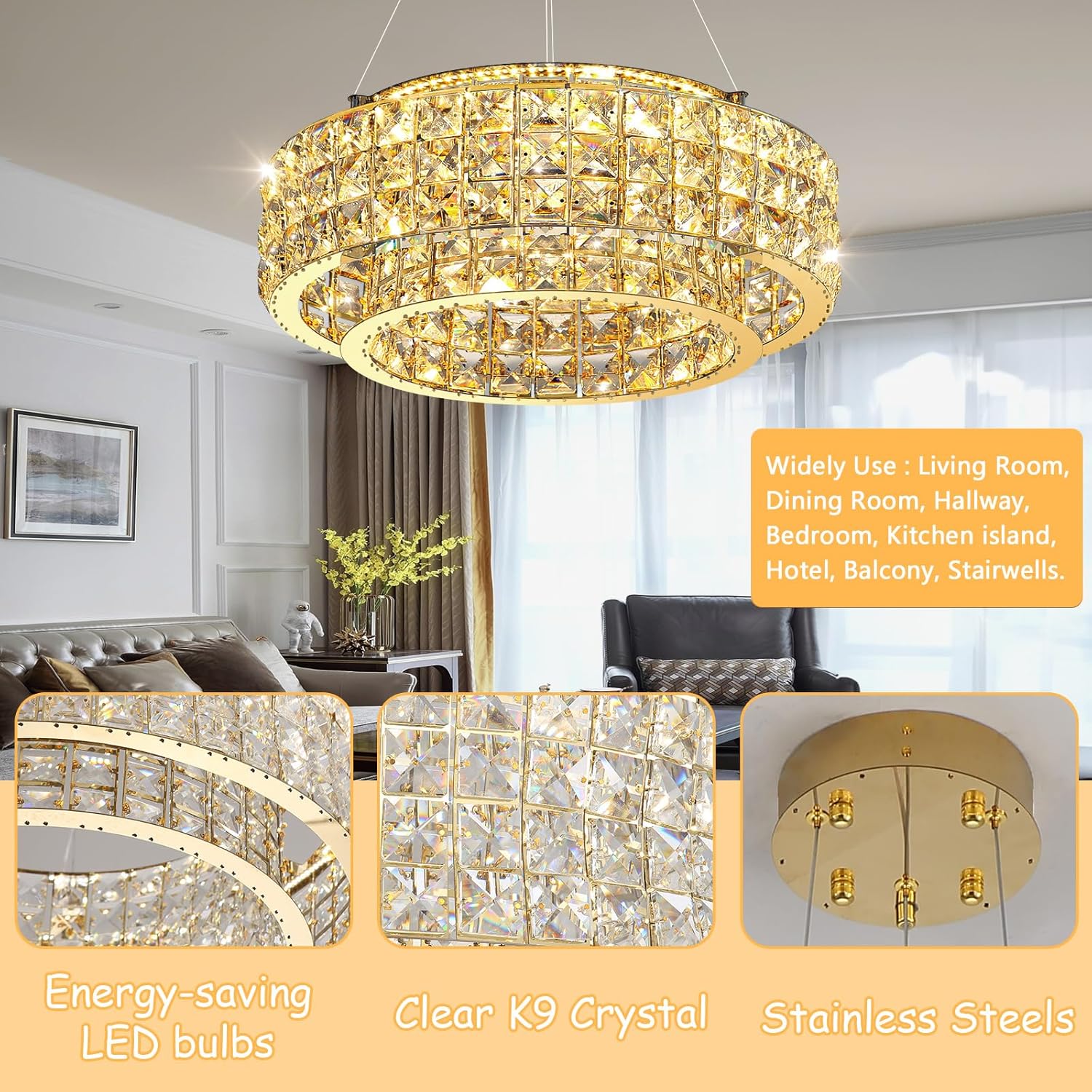 Modern Gold Crystal LED Chandelier Round Dimmable Pendant Light Adjustable Height Luxury Ceiling Lamp