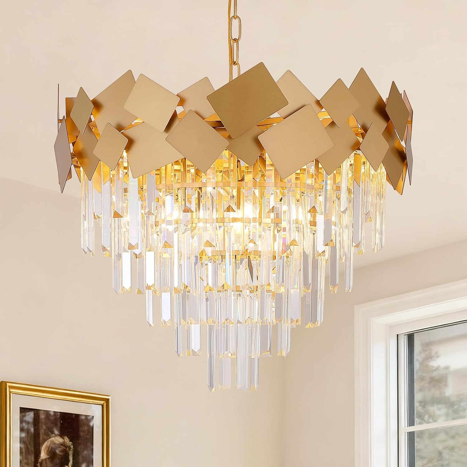 Modern Gold Crystal Chandelier 24 Inch Geometric Luxury Pendant Light Adjustable Chain Ceiling Fixture