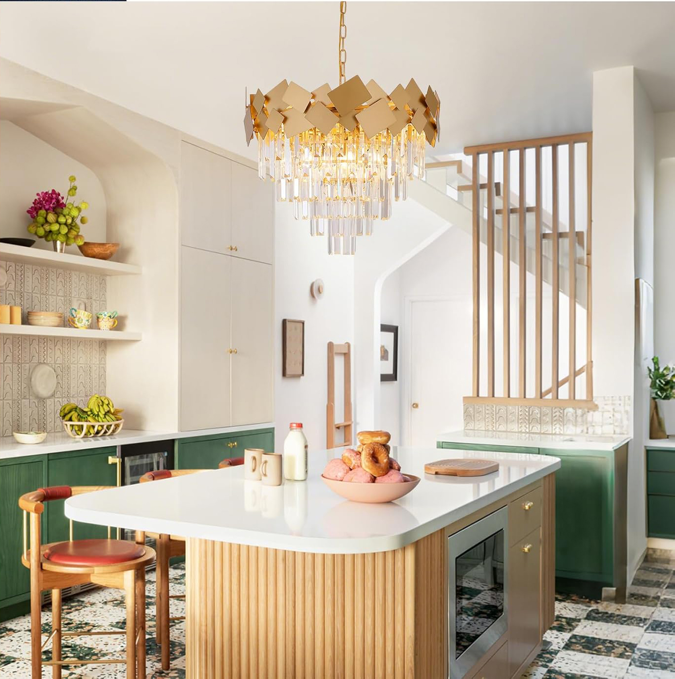 Modern Gold Crystal Chandelier 24 Inch Geometric Luxury Pendant Light Adjustable Chain Ceiling Fixture