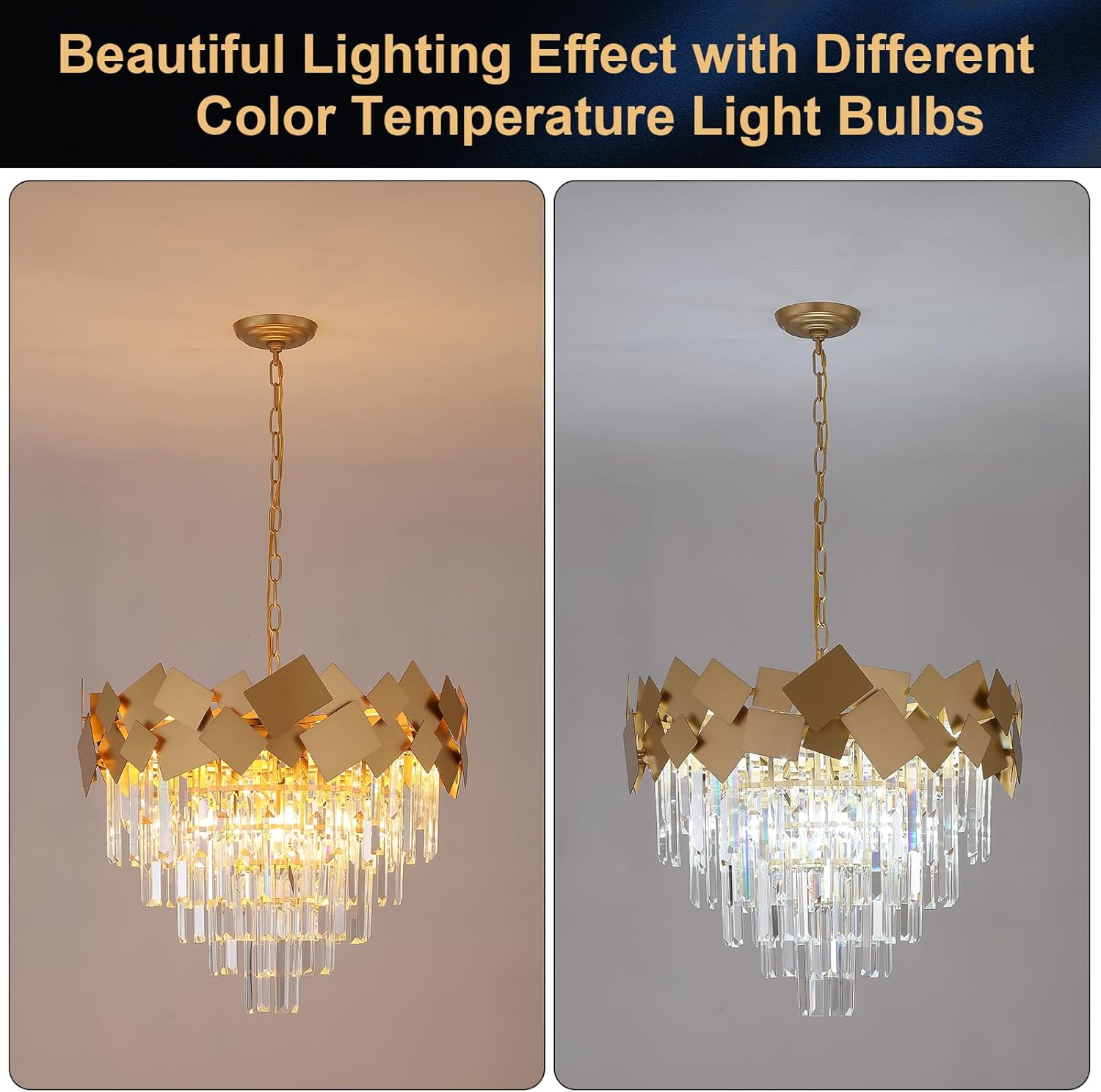 Modern Gold Crystal Chandelier 24 Inch Geometric Luxury Pendant Light Adjustable Chain Ceiling Fixture