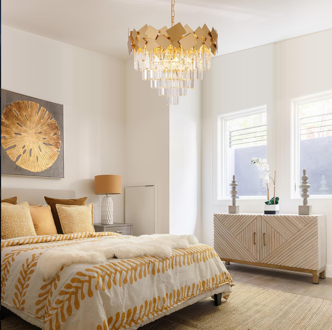Modern Gold Crystal Chandelier 24 Inch Geometric Luxury Pendant Light Adjustable Chain Ceiling Fixture