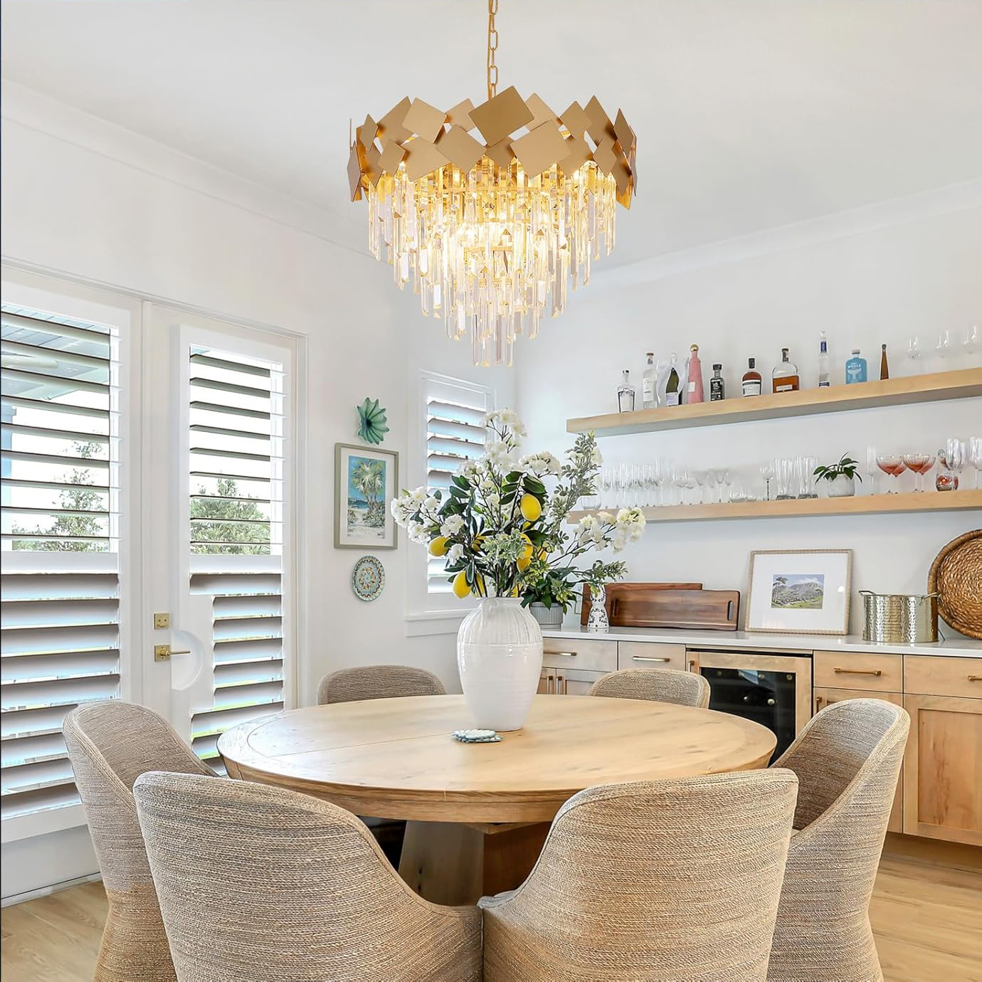 Modern Gold Crystal Chandelier 24 Inch Geometric Luxury Pendant Light Adjustable Chain Ceiling Fixture