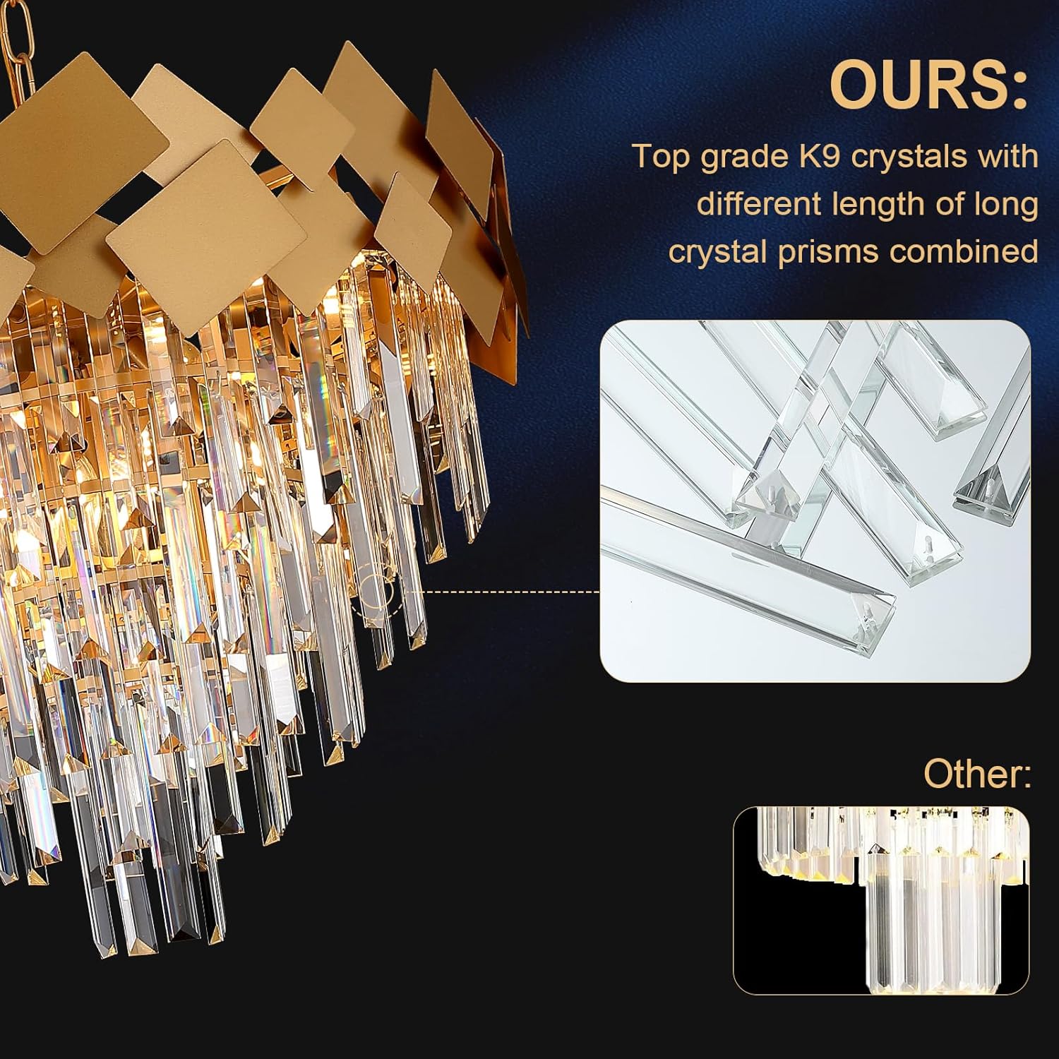 Modern Gold Crystal Chandelier 24 Inch Geometric Luxury Pendant Light Adjustable Chain Ceiling Fixture