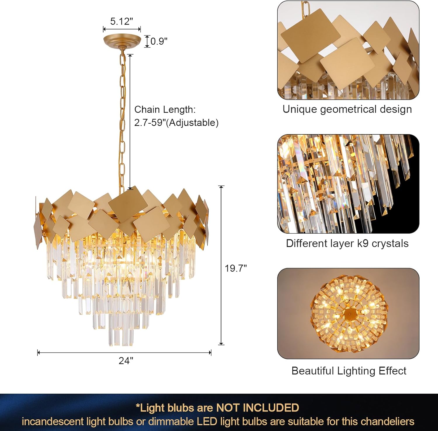 Modern Gold Crystal Chandelier 24 Inch Geometric Luxury Pendant Light Adjustable Chain Ceiling Fixture