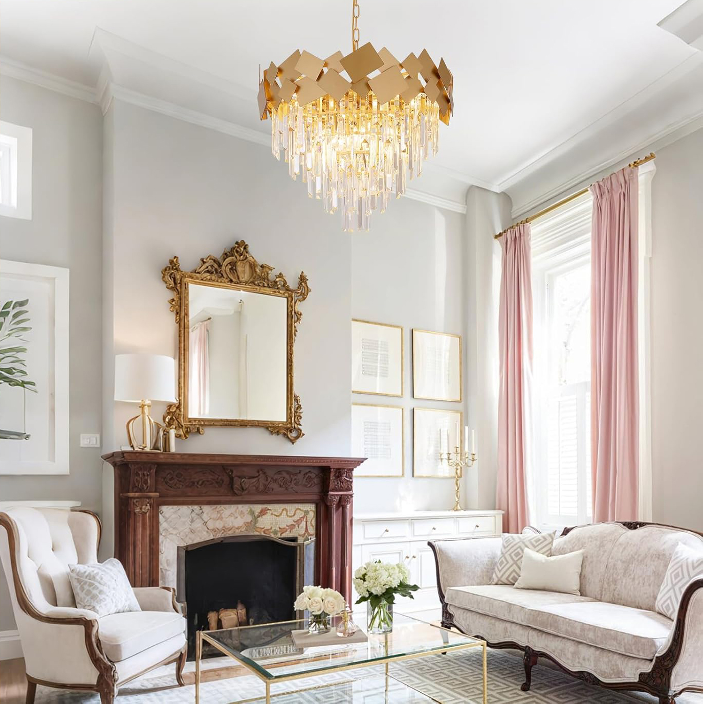 Modern Gold Crystal Chandelier 24 Inch Geometric Luxury Pendant Light Adjustable Chain Ceiling Fixture