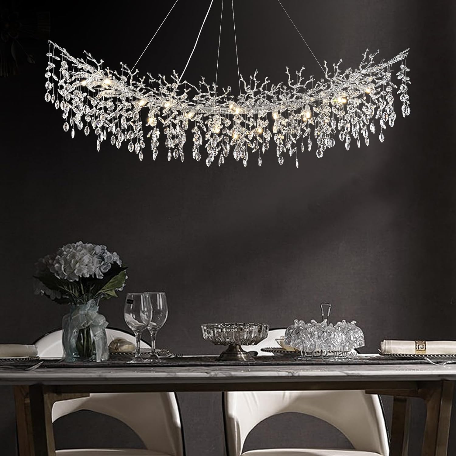 Modern Branch Crystal Chandelier Linear Pendant Light Luxury LED Adjustable Ceiling Fixture