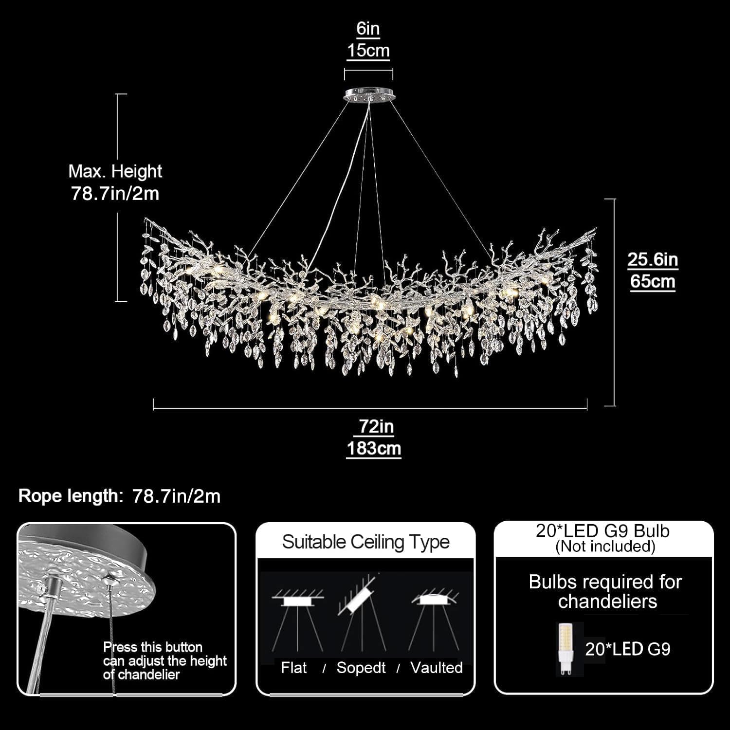 Modern Branch Crystal Chandelier Linear Pendant Light Luxury LED Adjustable Ceiling Fixture