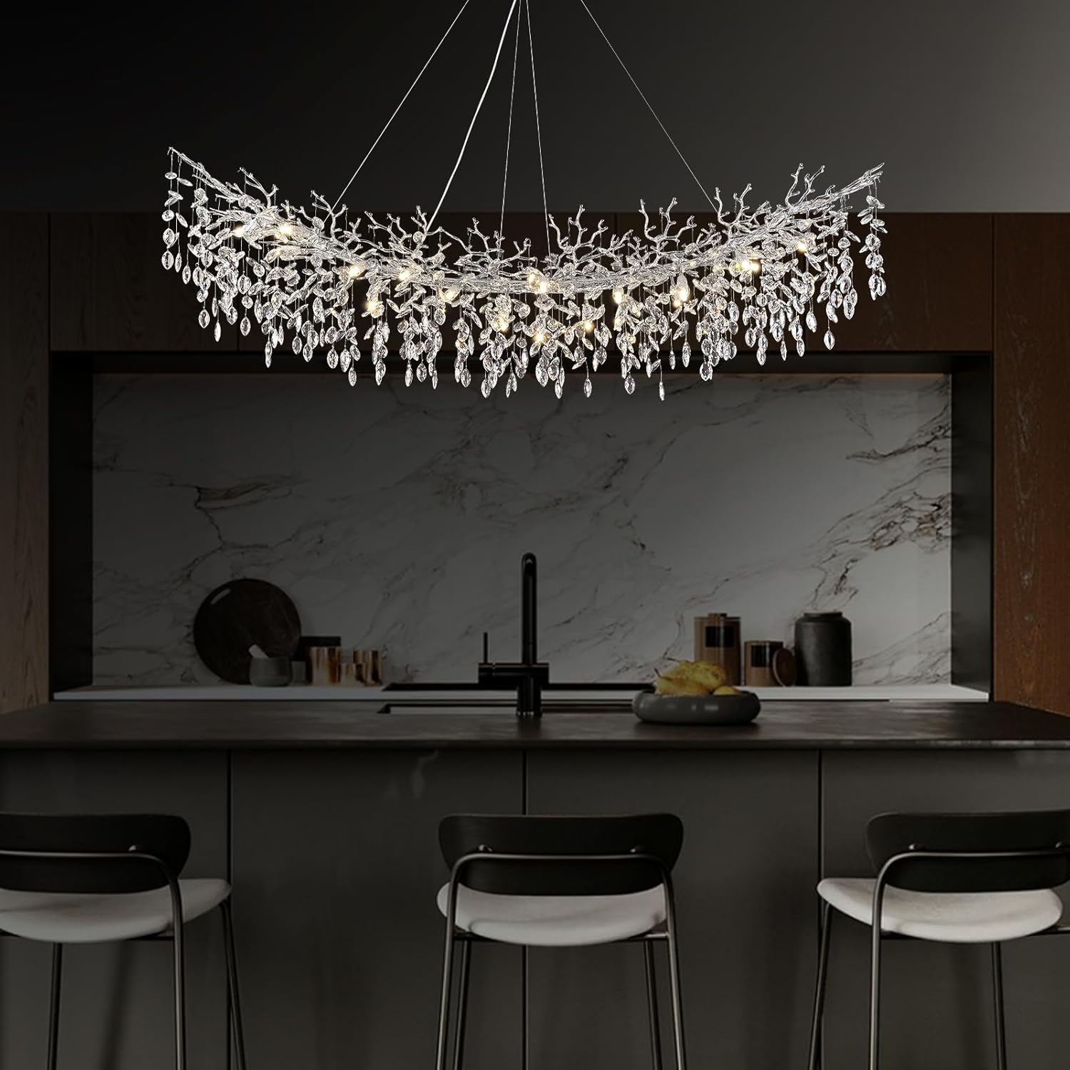 Modern Branch Crystal Chandelier Linear Pendant Light Luxury LED Adjustable Ceiling Fixture