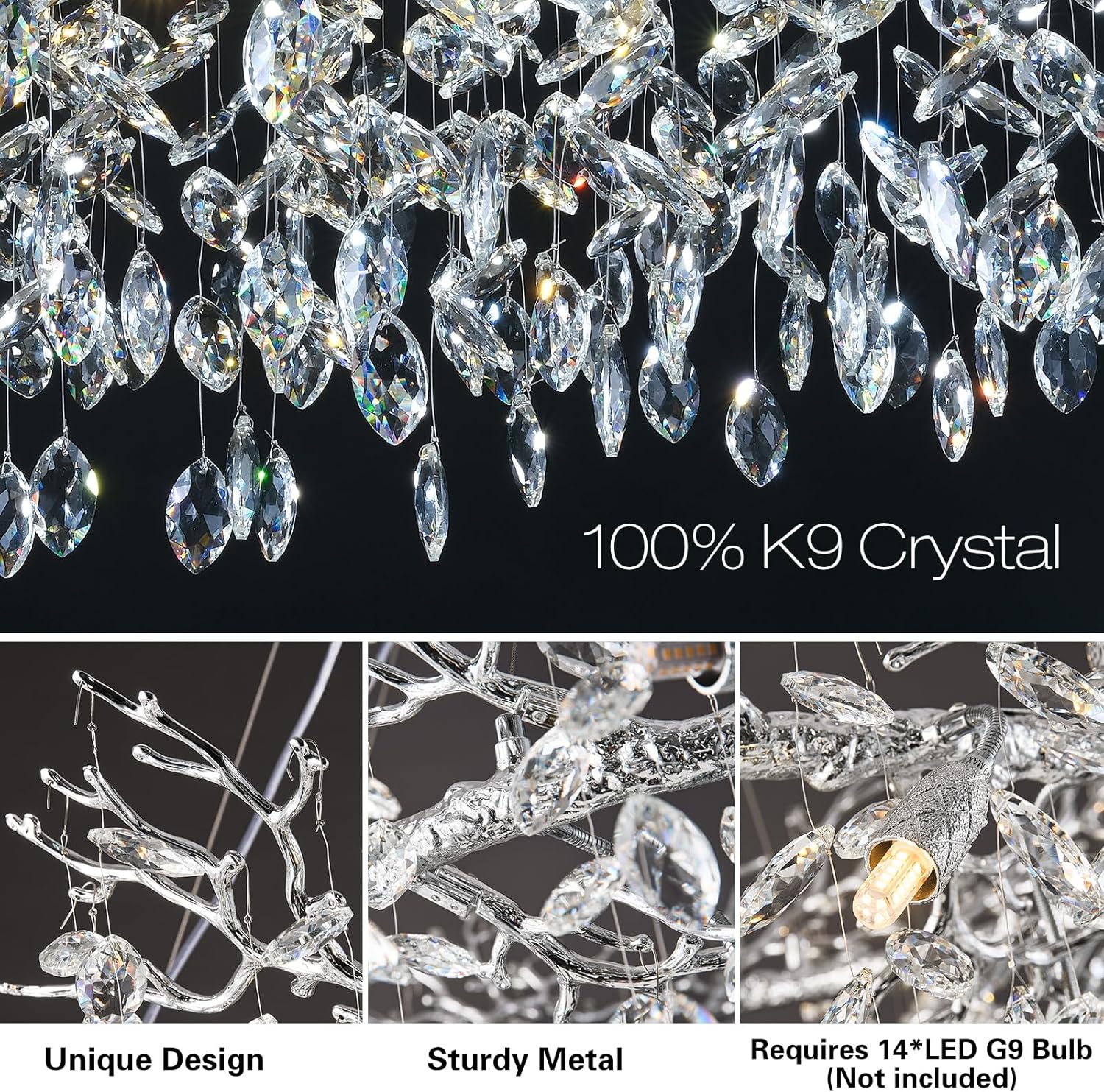 Modern Branch Crystal Chandelier Linear Pendant Light Luxury LED Adjustable Ceiling Fixture