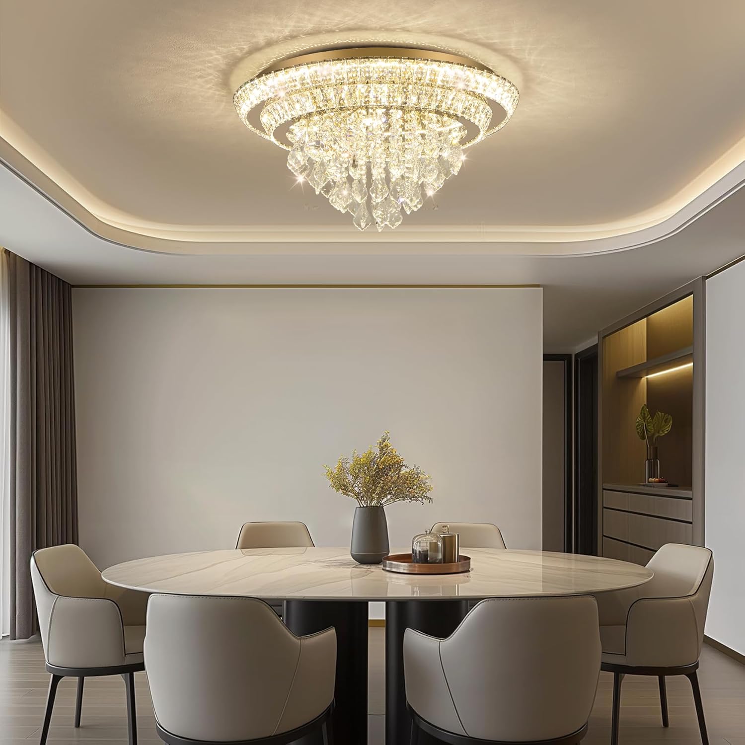 Modern Luxury Dimmable LED Crystal Ceiling Pendant Light with Remote - Gold Multi-Layer Round Design