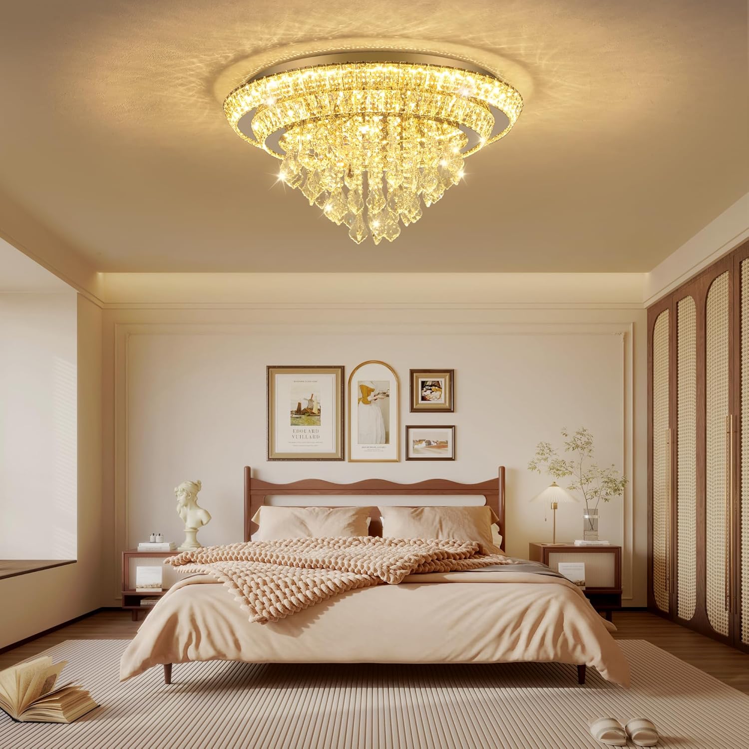 Modern Luxury Dimmable LED Crystal Ceiling Pendant Light with Remote - Gold Multi-Layer Round Design