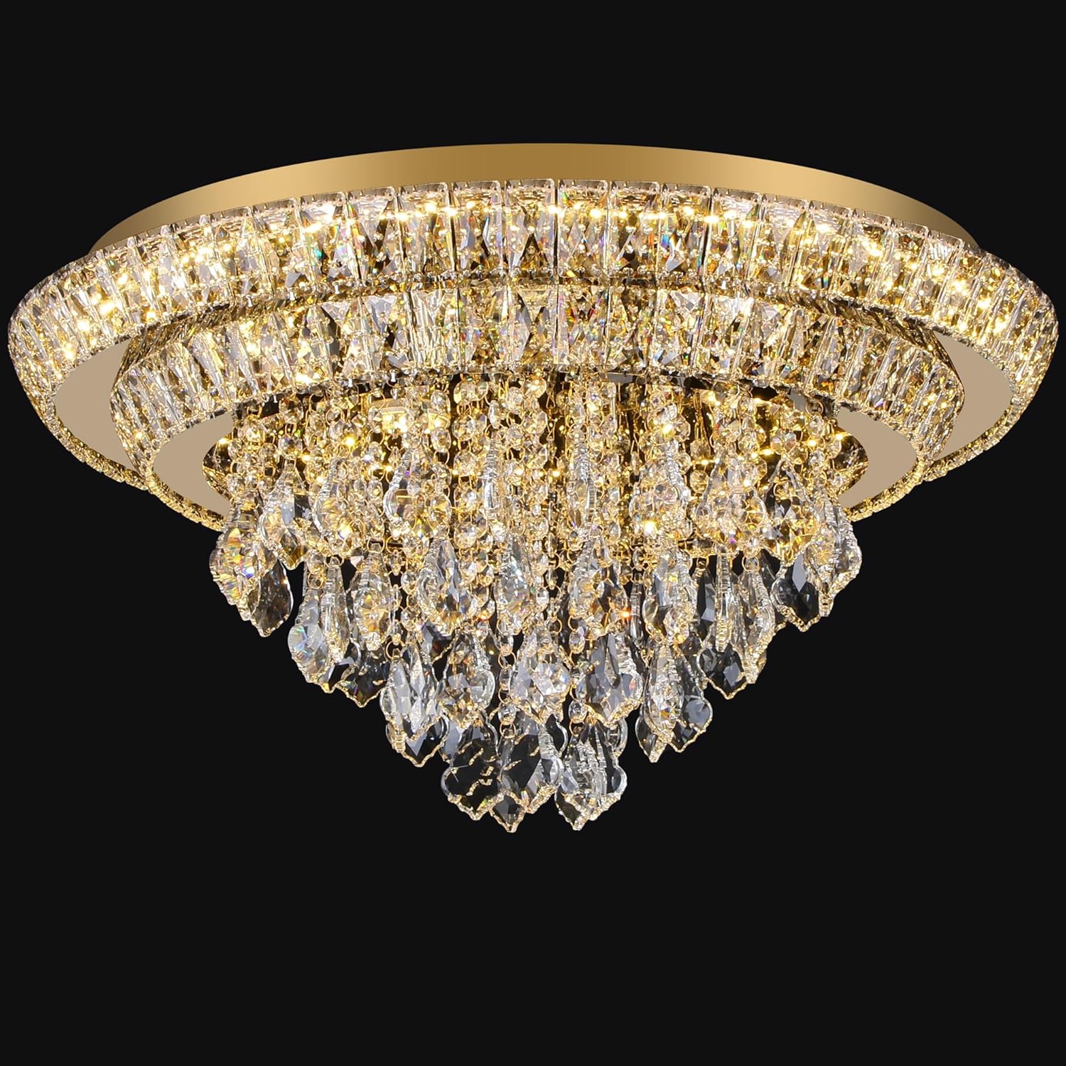 Modern Luxury Dimmable LED Crystal Ceiling Pendant Light with Remote - Gold Multi-Layer Round Design
