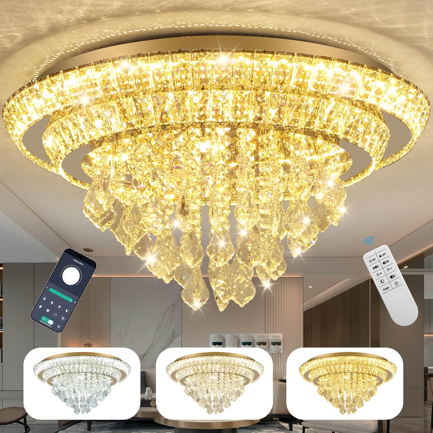 Modern Luxury Dimmable LED Crystal Ceiling Pendant Light with Remote - Gold Multi-Layer Round Design