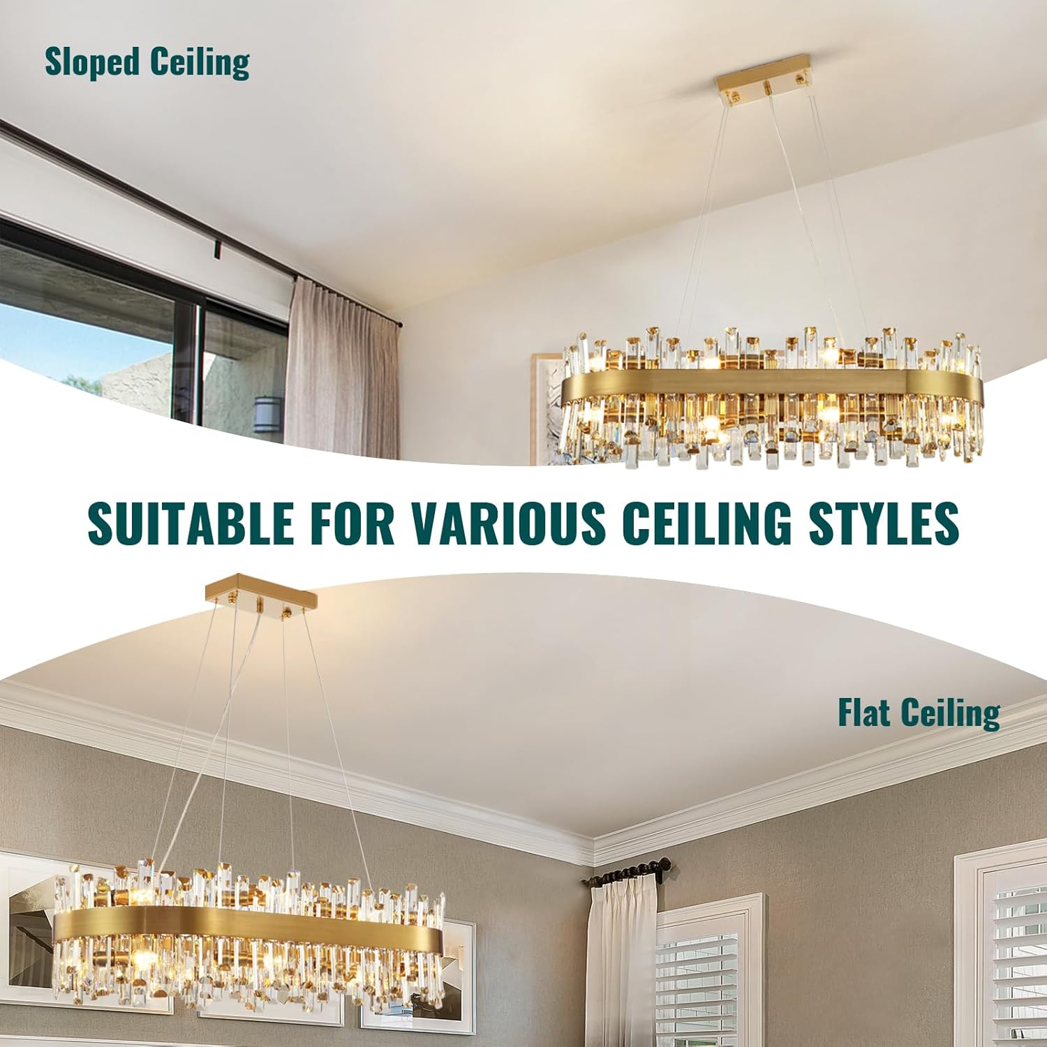 Modern Brushed Gold Rectangular Crystal Chandelier – 16-Light E12 LED Pendant for Dining Room or Kitchen Island