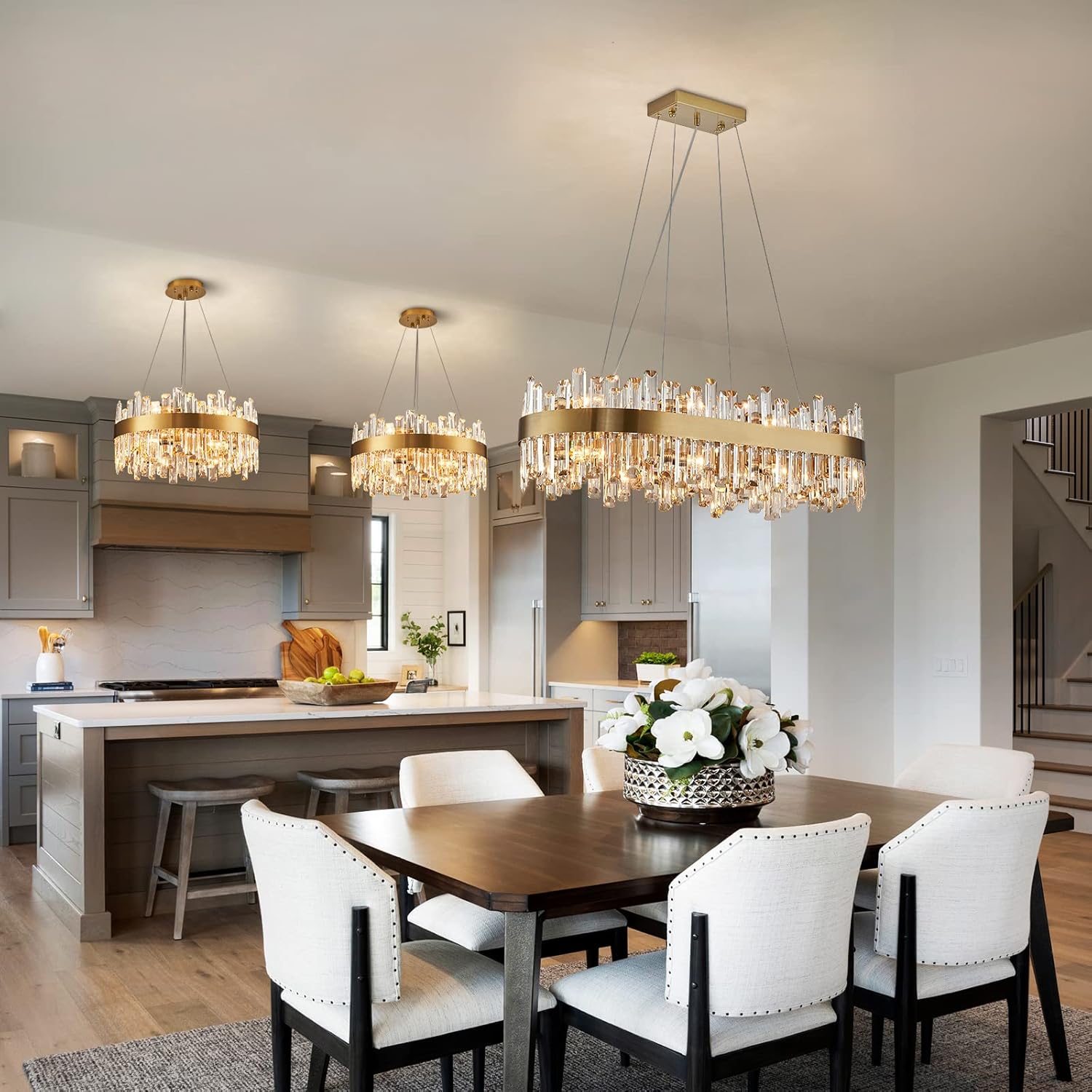 Modern Brushed Gold Rectangular Crystal Chandelier – 16-Light E12 LED Pendant for Dining Room or Kitchen Island