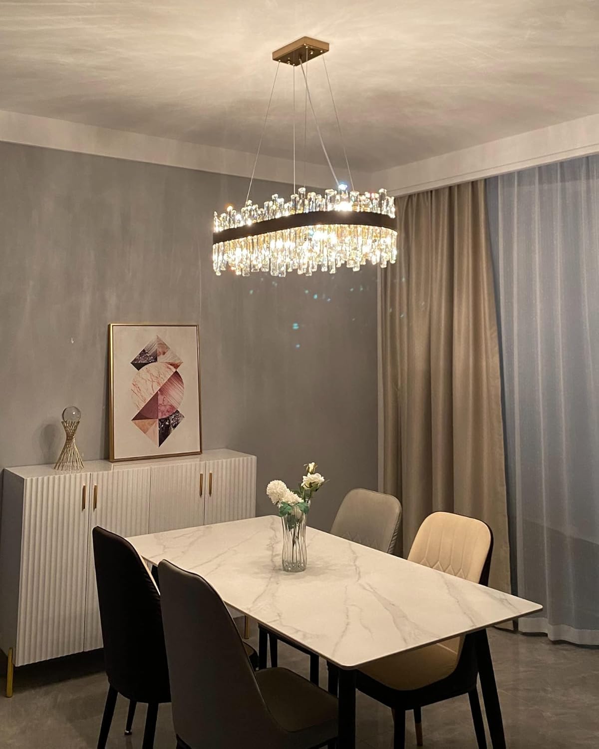 Modern Brushed Gold Rectangular Crystal Chandelier – 16-Light E12 LED Pendant for Dining Room or Kitchen Island